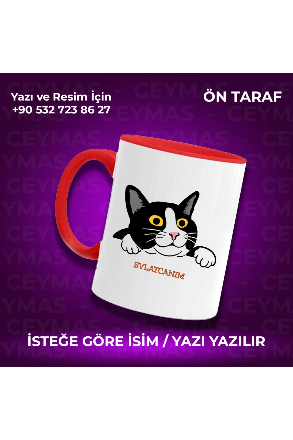Ceymas Hediyelik Kişiye Özel İsim Baskılı Siyah Beyaz Kedili Renkli Kupa Bardak