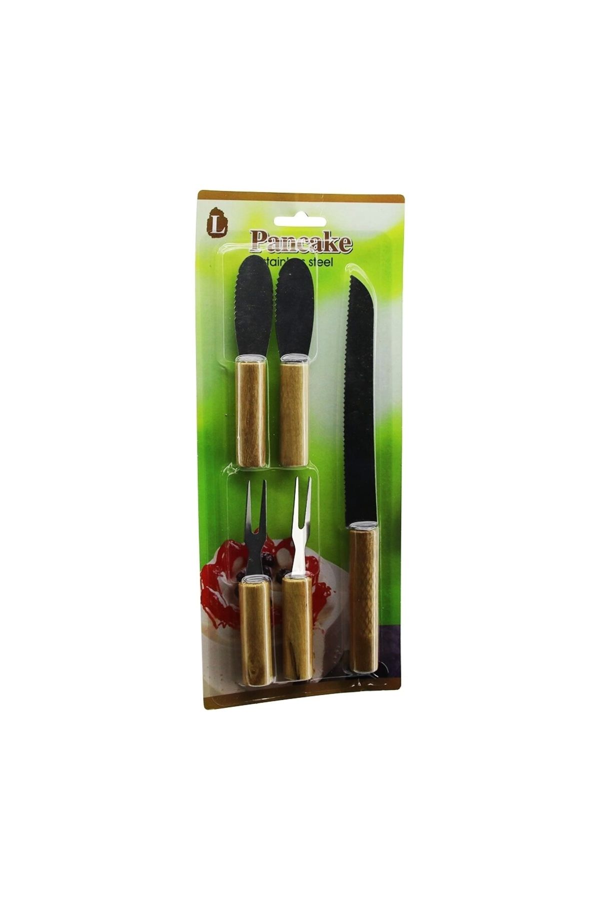 HayMed 5 Pcs : 2+2+1 2 Adet Tırtıklı Kahvaltı Bıçak+ 2 Adet Peynir Çatalı + 1 Adet Ekmek Bıçak Ahşap Saplı