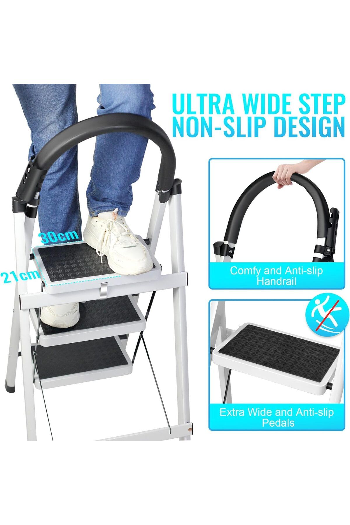 SKY TOUCH-SKY-TOUCH Foldable Ladder 3 Steps, Home Ladder Folding Step Stool with Wide Anti-Slip Pedal 7