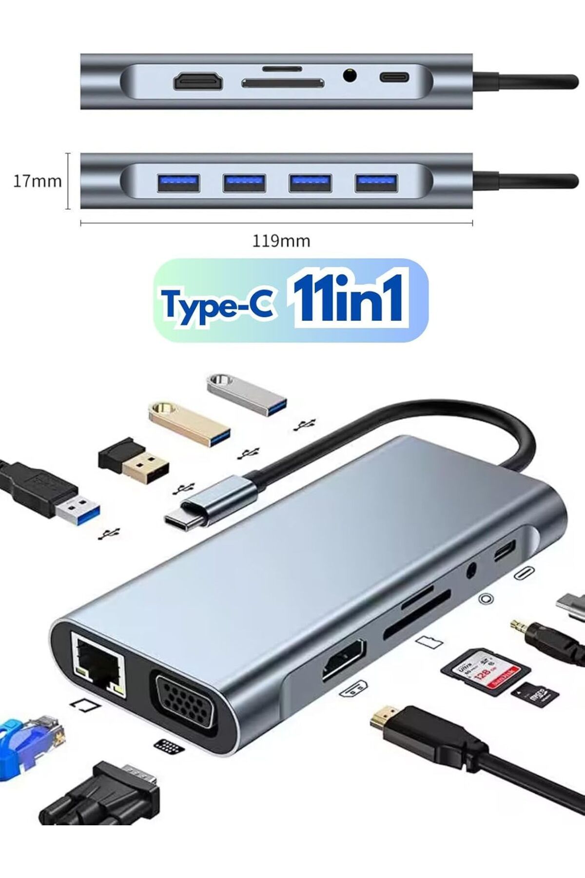DERİK KADROĞLU 11in1 Macbook iPad Typec Uyumlu Çevirici Adaptör 11 Port Hdmı Usb 3.0 Lan Vga Aux SdCar