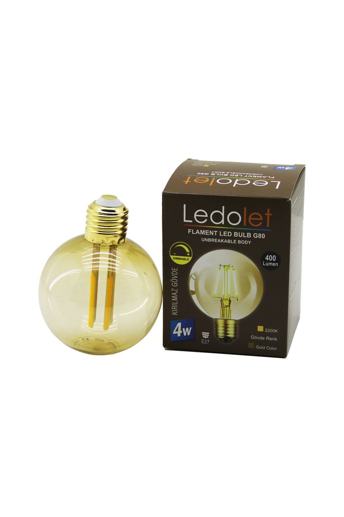 KDROĞLU KDROGLU LEDOLET G-95 4W - E27 GOLD COLOR FLAMENT RUSTİK AMPUL 400LUMEN - 2200K KIRILMAZ GÖVD