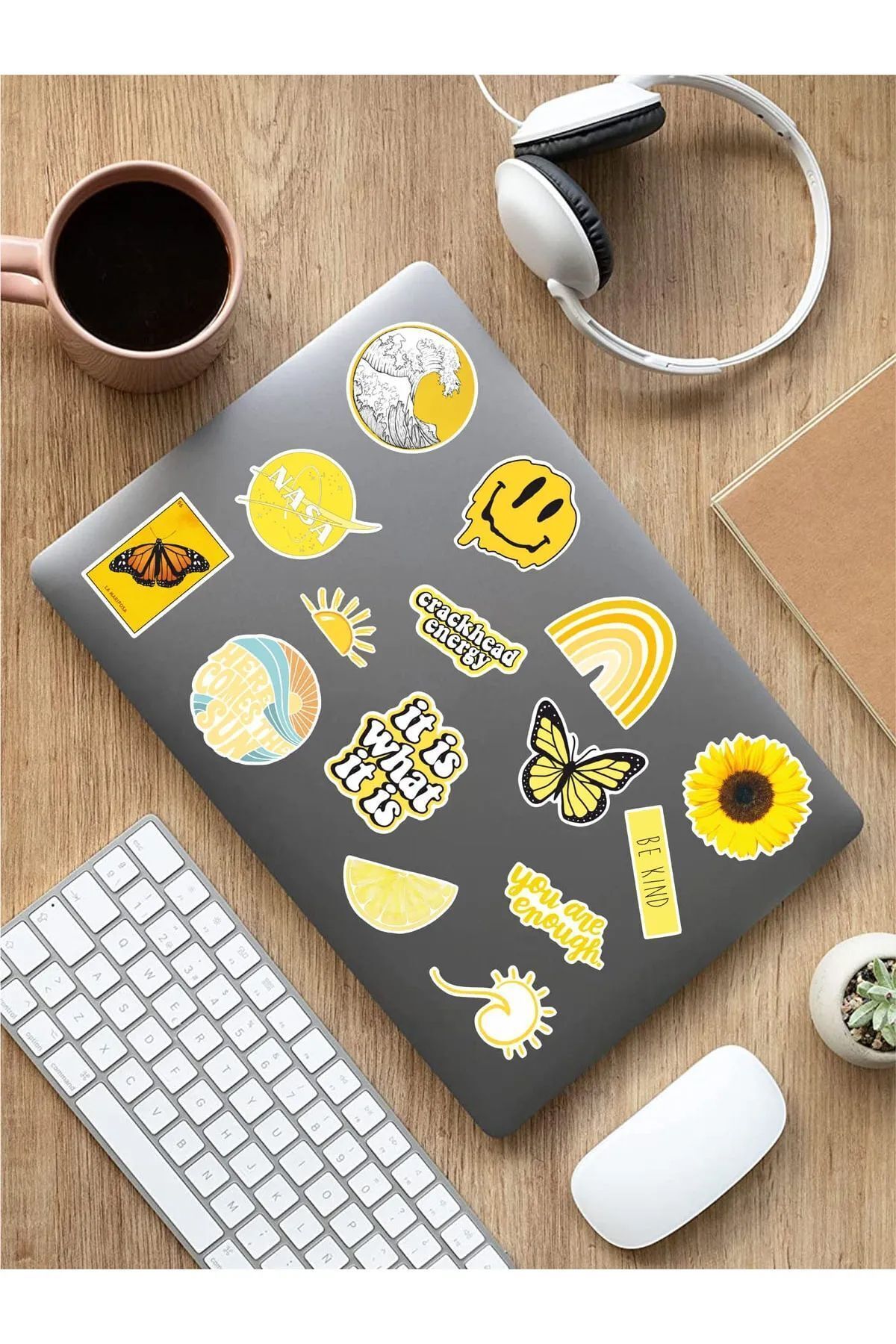 KT Decor VSCO Yellow Temalı Telefon, Tablet, Laptop, Notebook, Defter, Ajanda PVC Sticker Seti-4