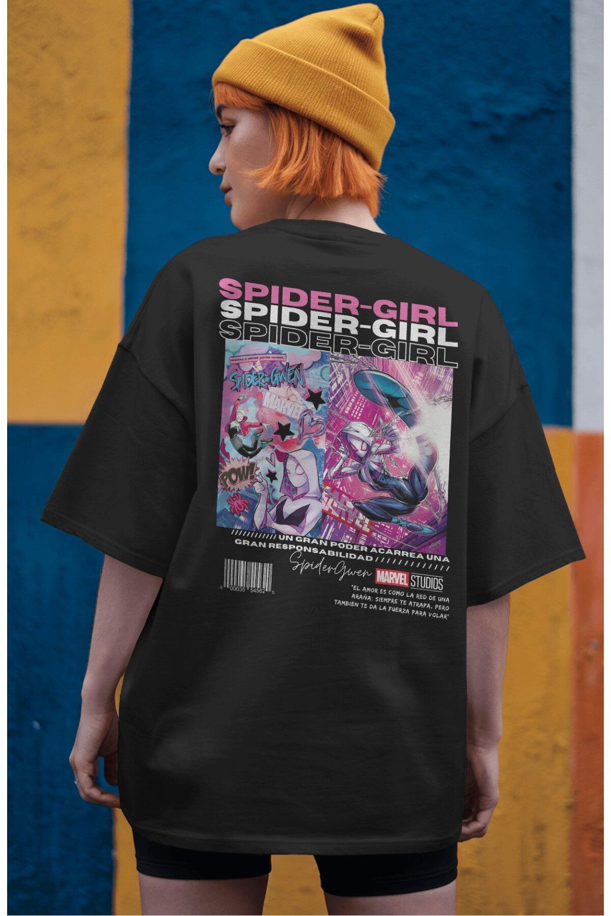 Fuddy Moda Spider Girl Sırt Baskılı Couple Tişört, Oversize Süper Kahraman Filmi Temalı Çift T-Shirt