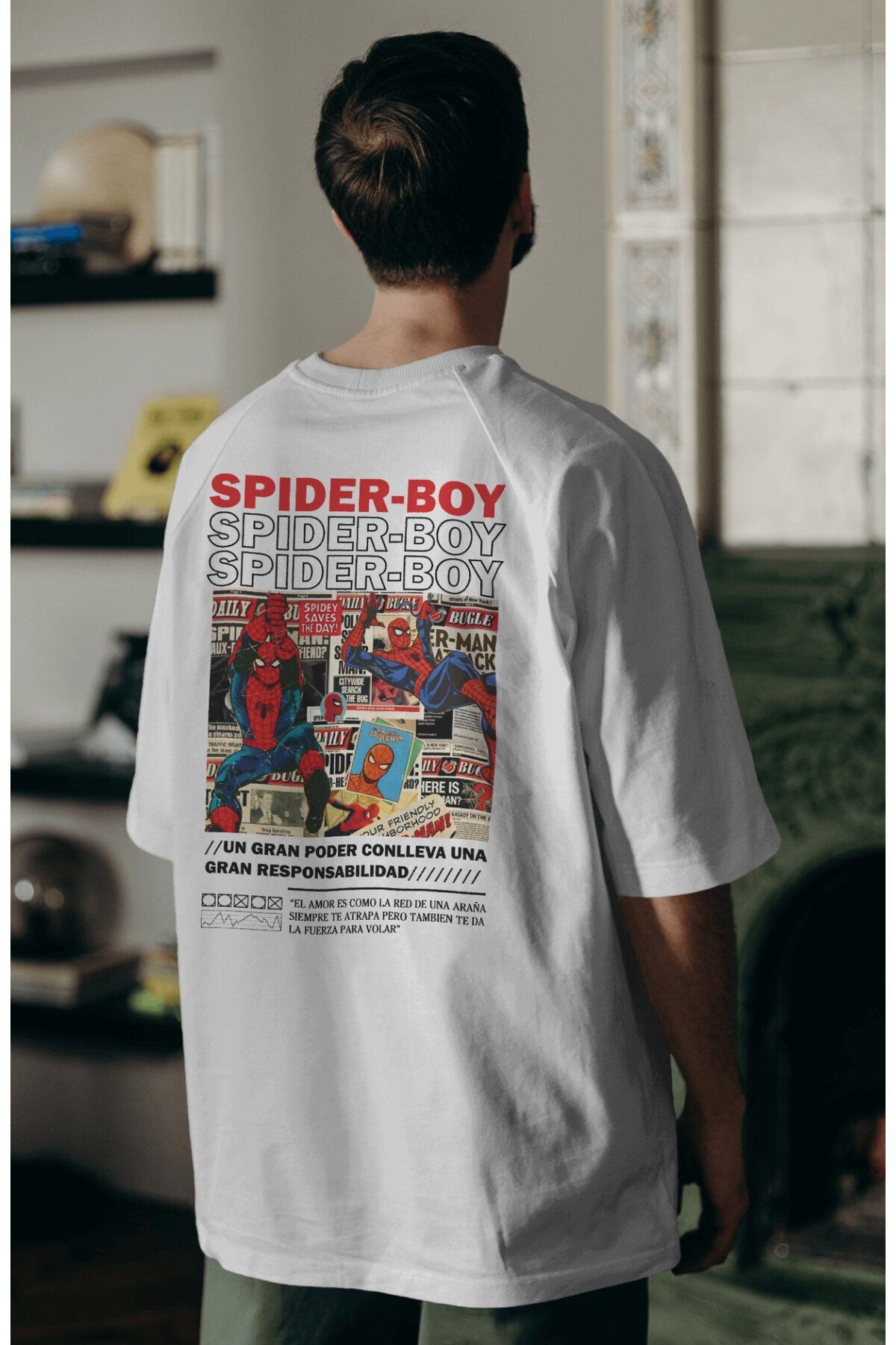 Fuddy Moda Spider Boy Sırt Baskılı Couple Tişört, Oversize Süper Kahraman Filmi Temalı Çift T-Shirt
