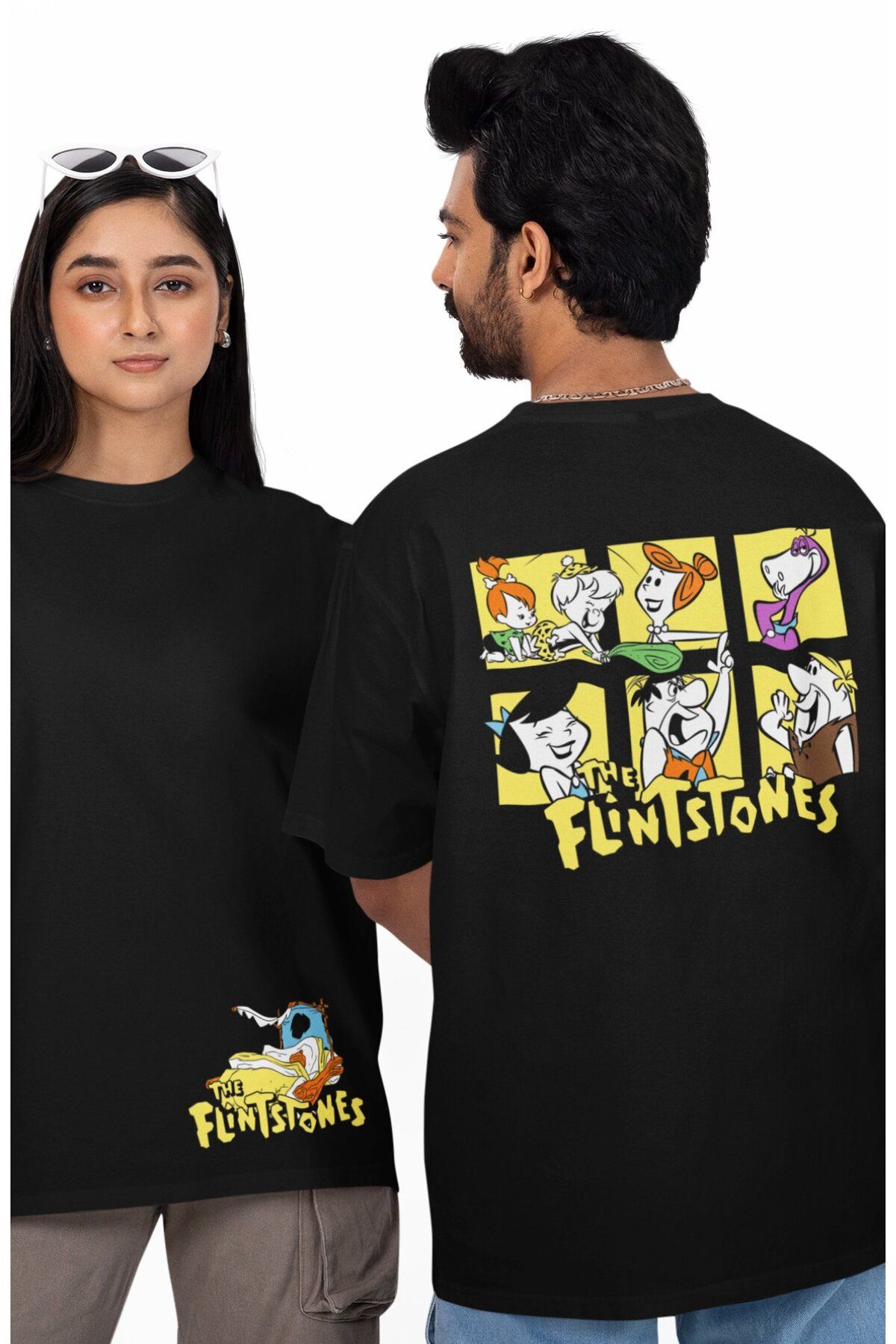 Fuddy Moda Unisex The Flintstones Sırt Baskılı Tişört, Oversize Çizgi Film Temalı T-Shirt