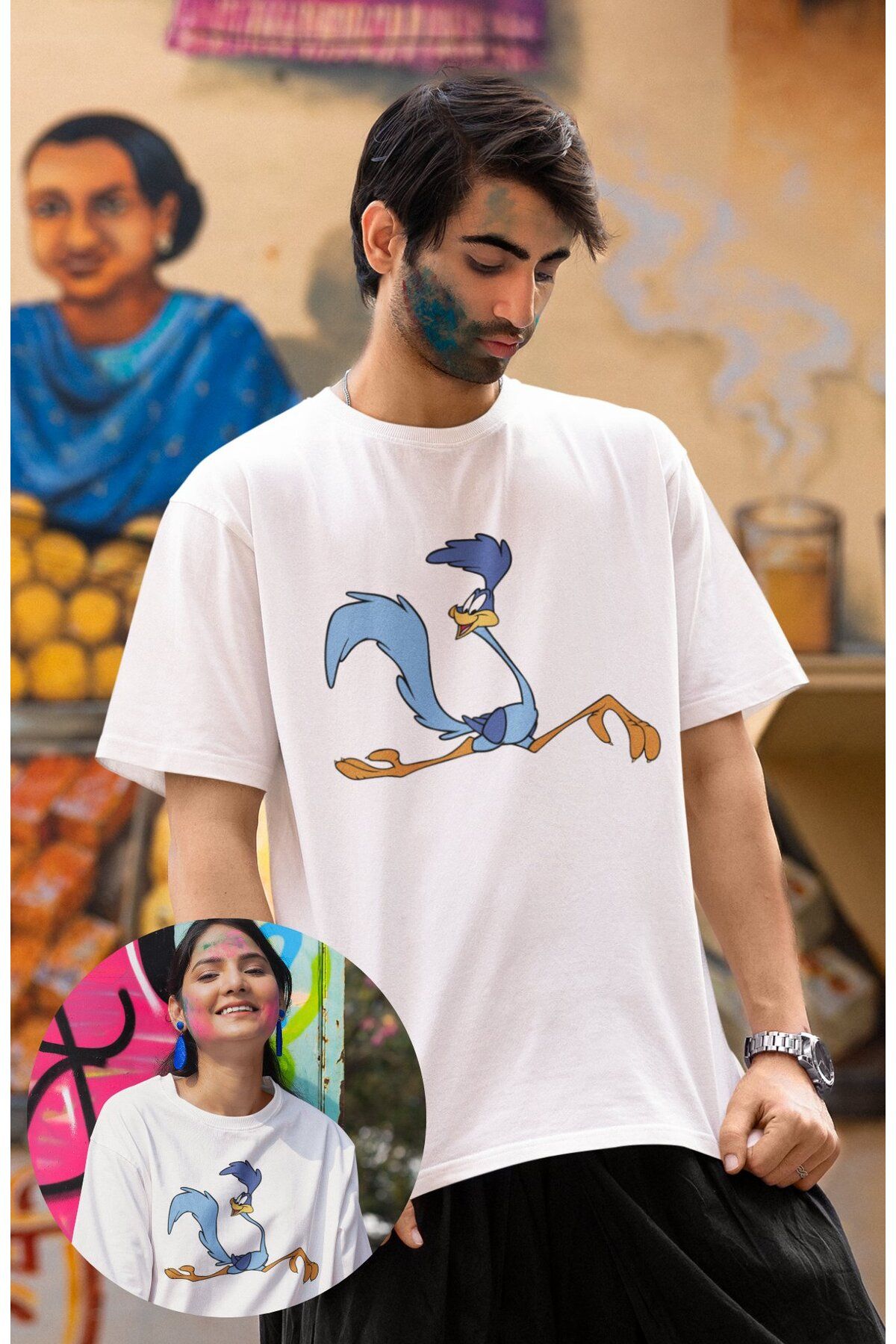 Fuddy Moda Unisex Looney Tunes Road Runner Baskılı Tişört, Oversize Çizgi Film Temalı T-Shirt