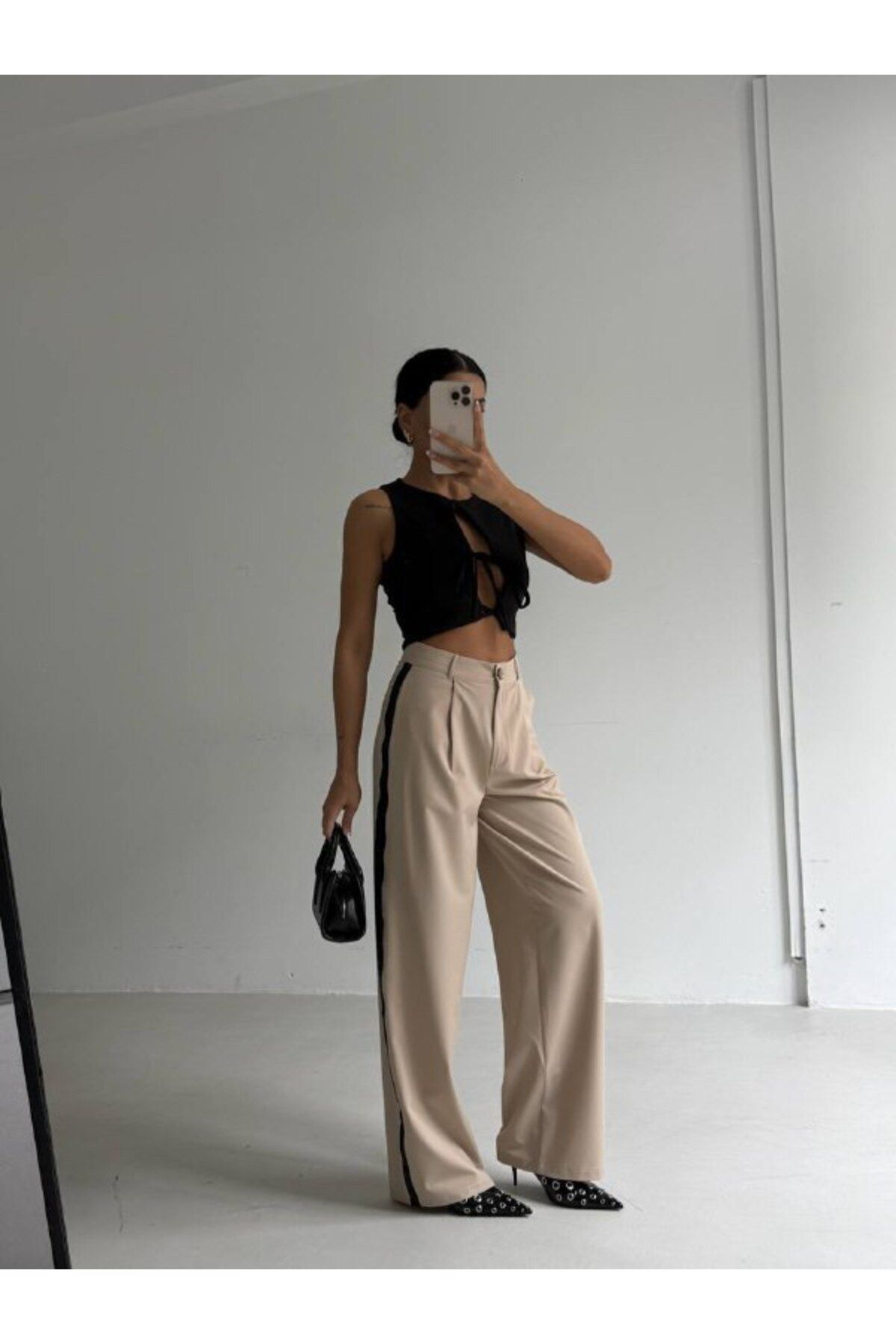 Castivo Fashion Şerit Detaylı Yüksek Bel Bol Paça Kumaş Pantolon