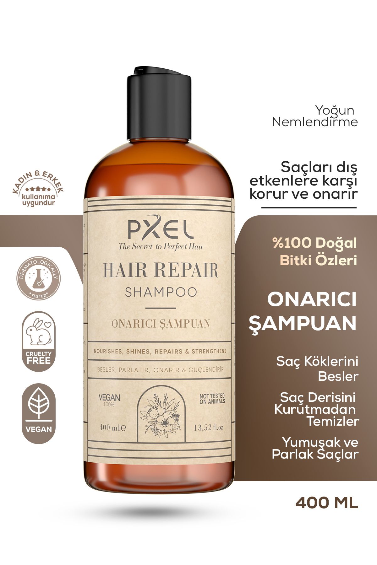 PXEL Saç Onarıcı Şampuan 400 ML | Yıpranmış Zayıf Saçlar | Onarıcı, Besleyici, Vegan Şampuan