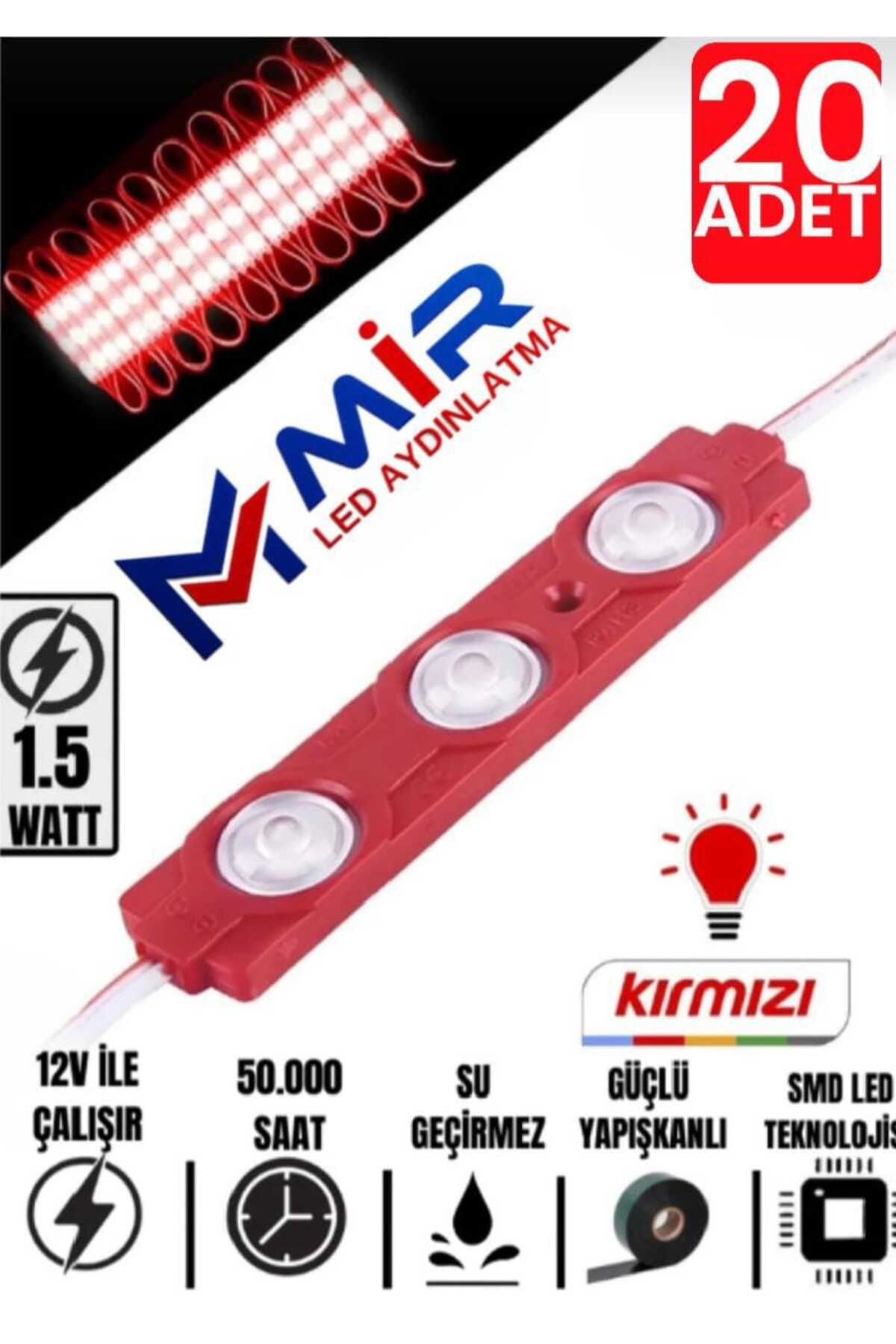 MİRLED AYDINLATMA MİRLED 3 Ledli Parmak Led Modül 1.5w 2835 Smd Mercekli 12V led Kırmızı Renk 20-ADET