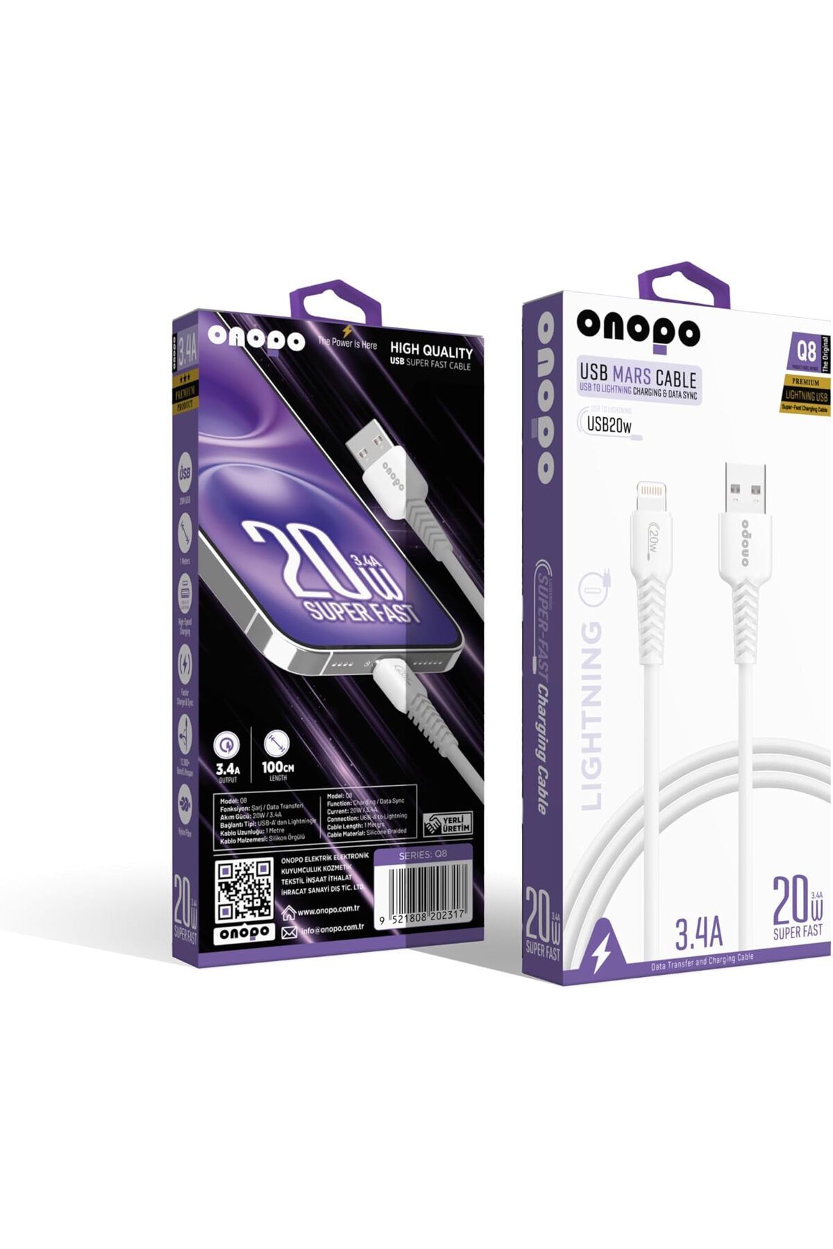 KDROĞLU KDROGLU İphone Uyumlu Lightning To USB Kablo 3.4A Uyumlu Hızlı Şarj ve Data Kablosu 1M - Q8 New