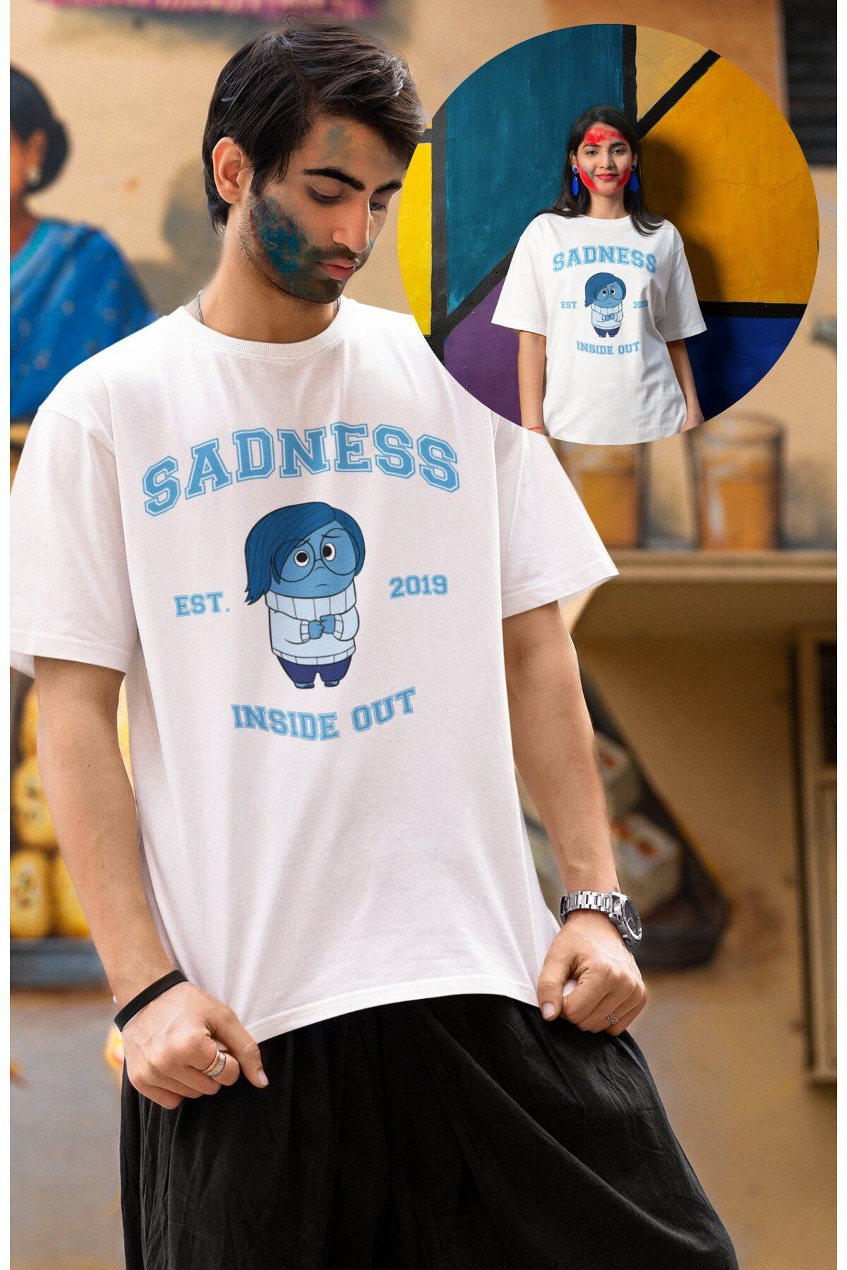 Fuddy Moda Unisex Insi.de Out Sadness Baskılı T-shirt, Oversize Ters Yüz Animasyon Film Temalı Tişört