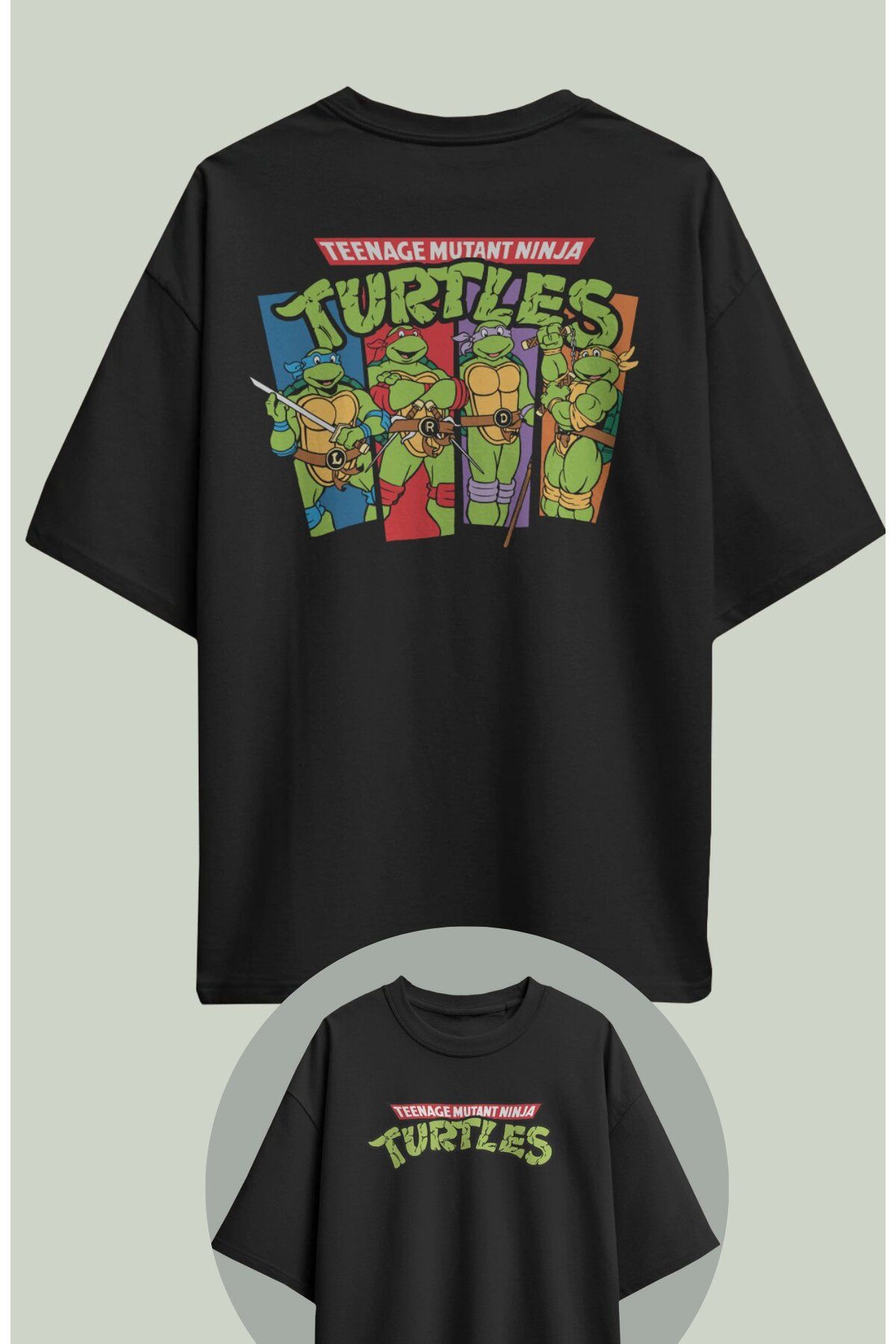 Fuddy Moda Unisex Ninja Kaplumbağa Sırt Baskılı Tişört, Oversize Çizgi Film Temalı T-Shirt