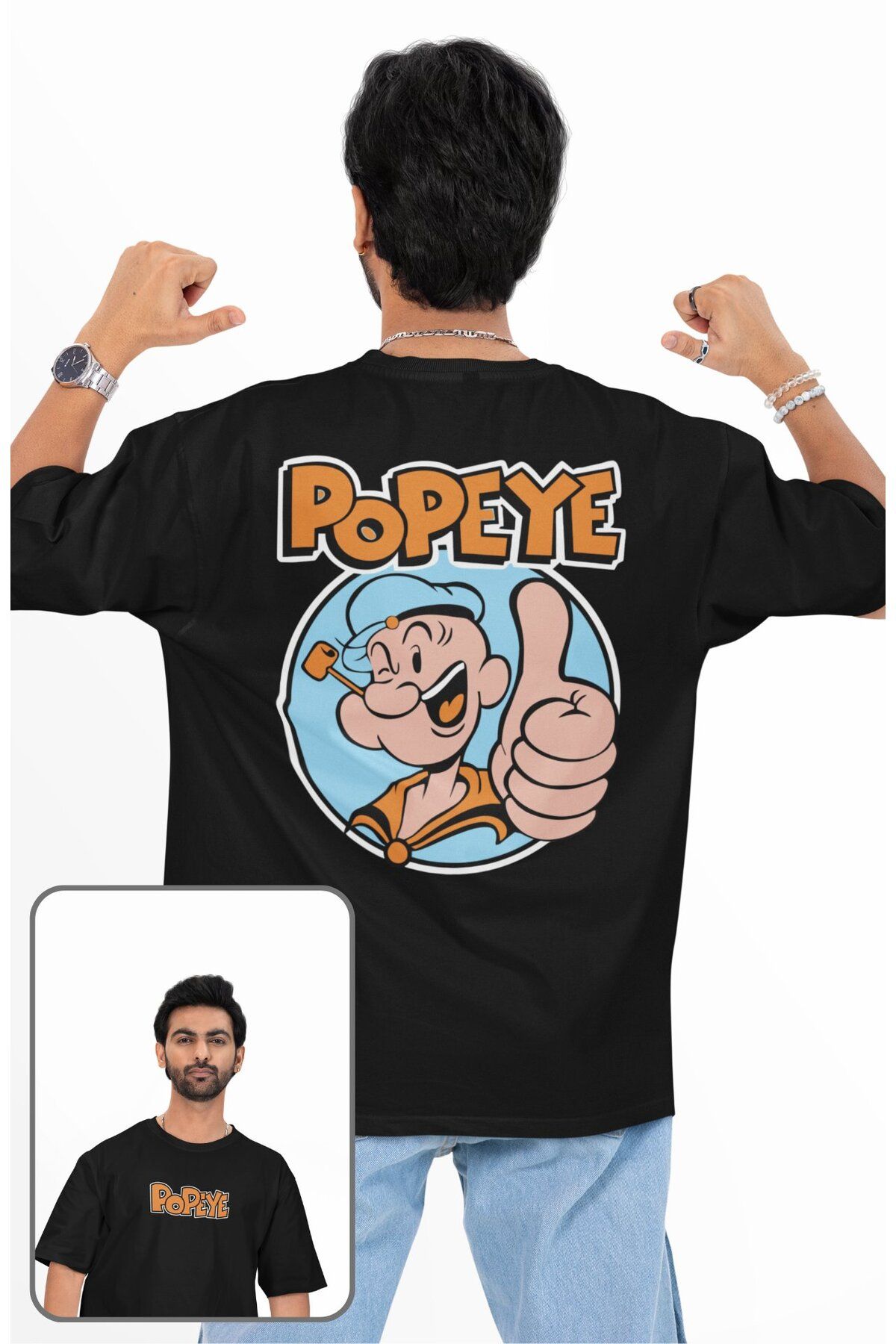 Fuddy Moda Unisex Temel Reis Popeye Sırt Baskılı Tişört, Oversize Çizgi Film Temalı T-Shirt