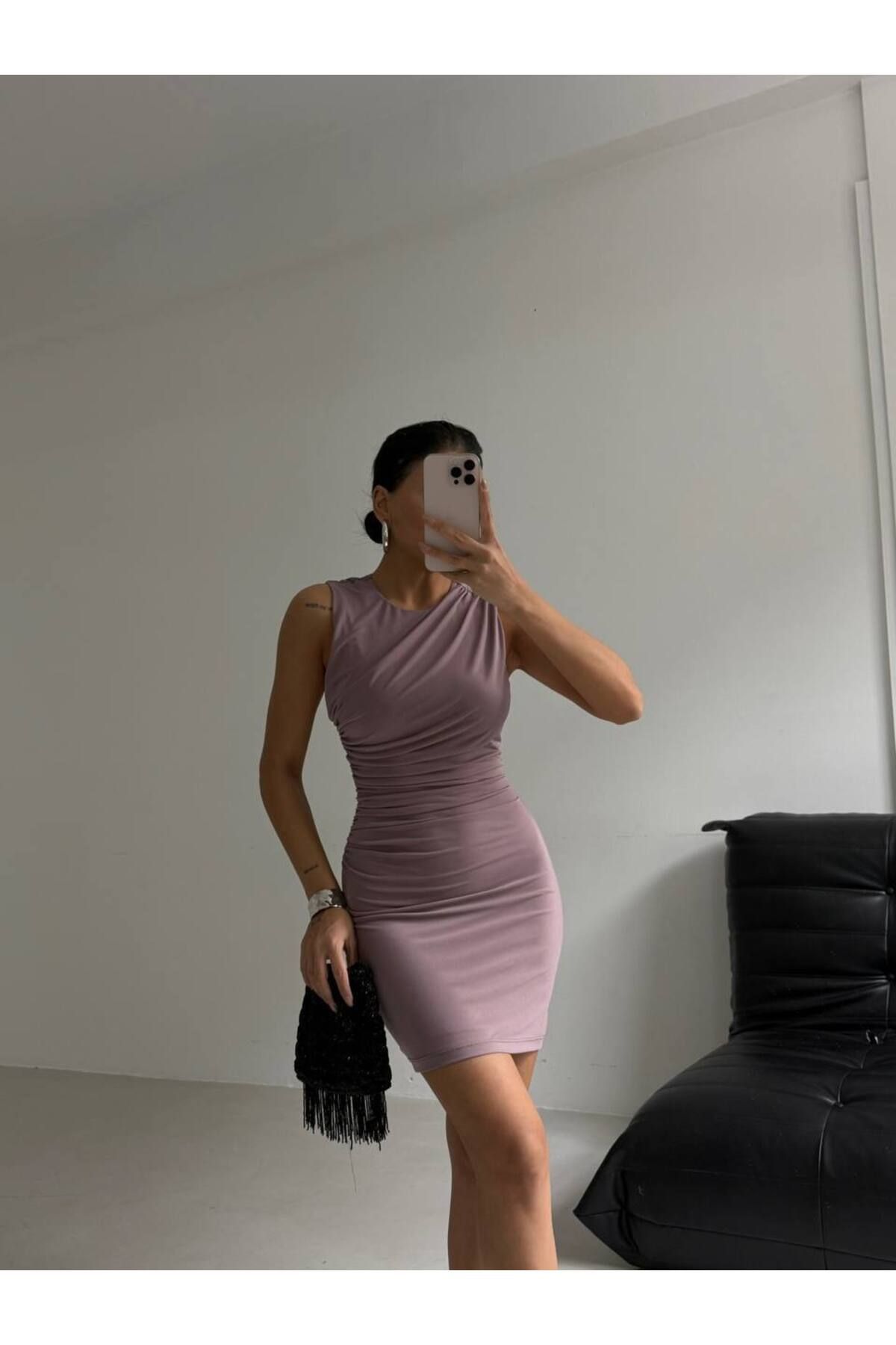 Castivo Fashion "Drapeli Vücudu Saran Kolsuz Mini Elbise