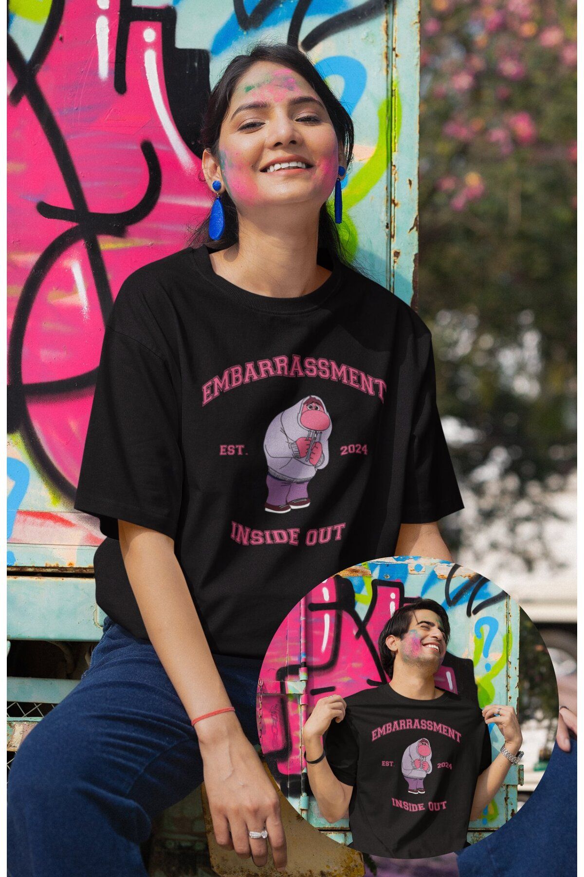 Fuddy Moda Unisex Insi.de Out Embarrassment Baskılı T-shirt, Oversize Ters Yüz Animasyon Film Temalı Tişört