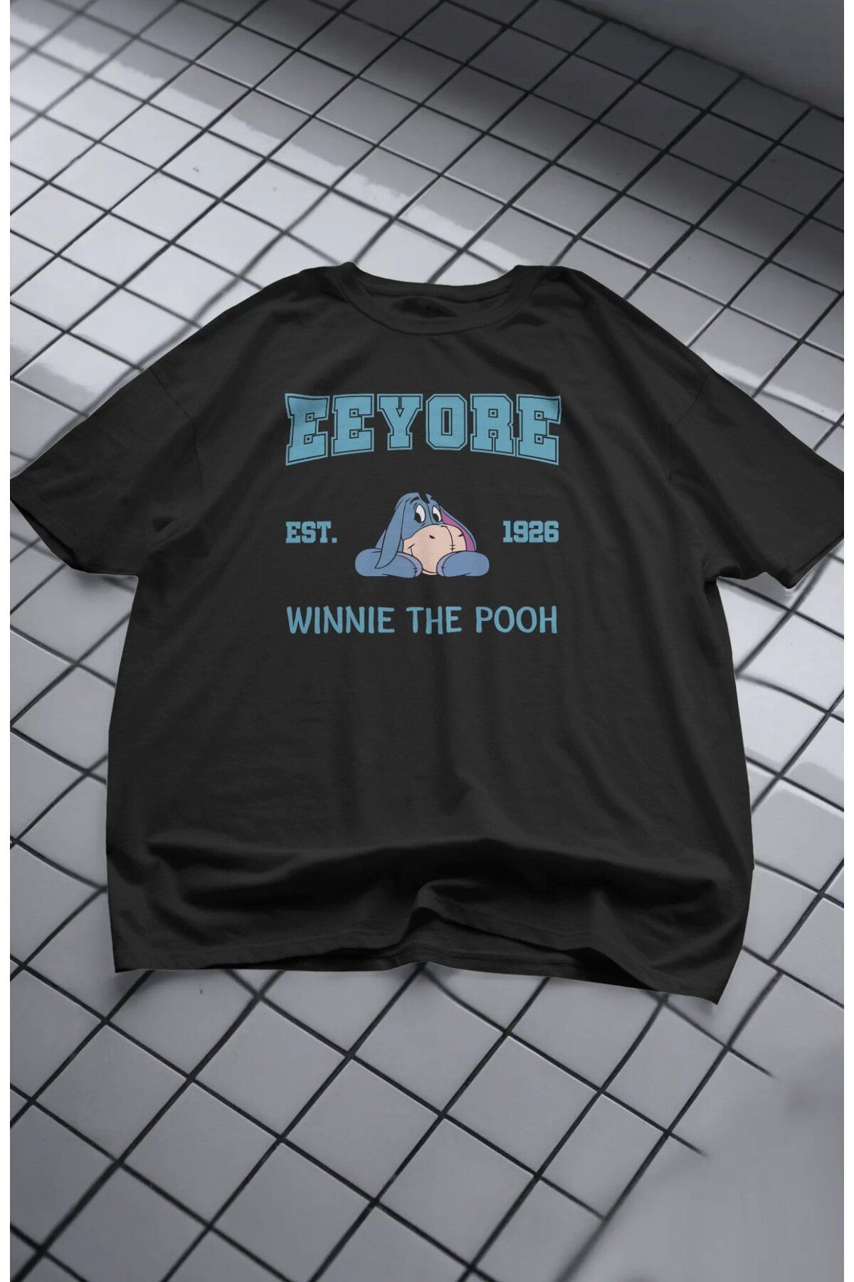Fuddy Moda Unisex Eşek Eeyore Baskılı Tişört, Oversize Winnie The Pooh Çizgi Film Temalı T-Shirt