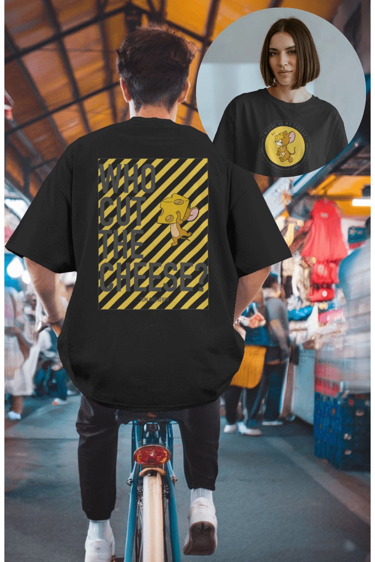 Fuddy Moda Unisex Who Cut The Cheese Sırt Baskılı Tişört, Oversize Tom And Jerry Yazılı T-Shirt