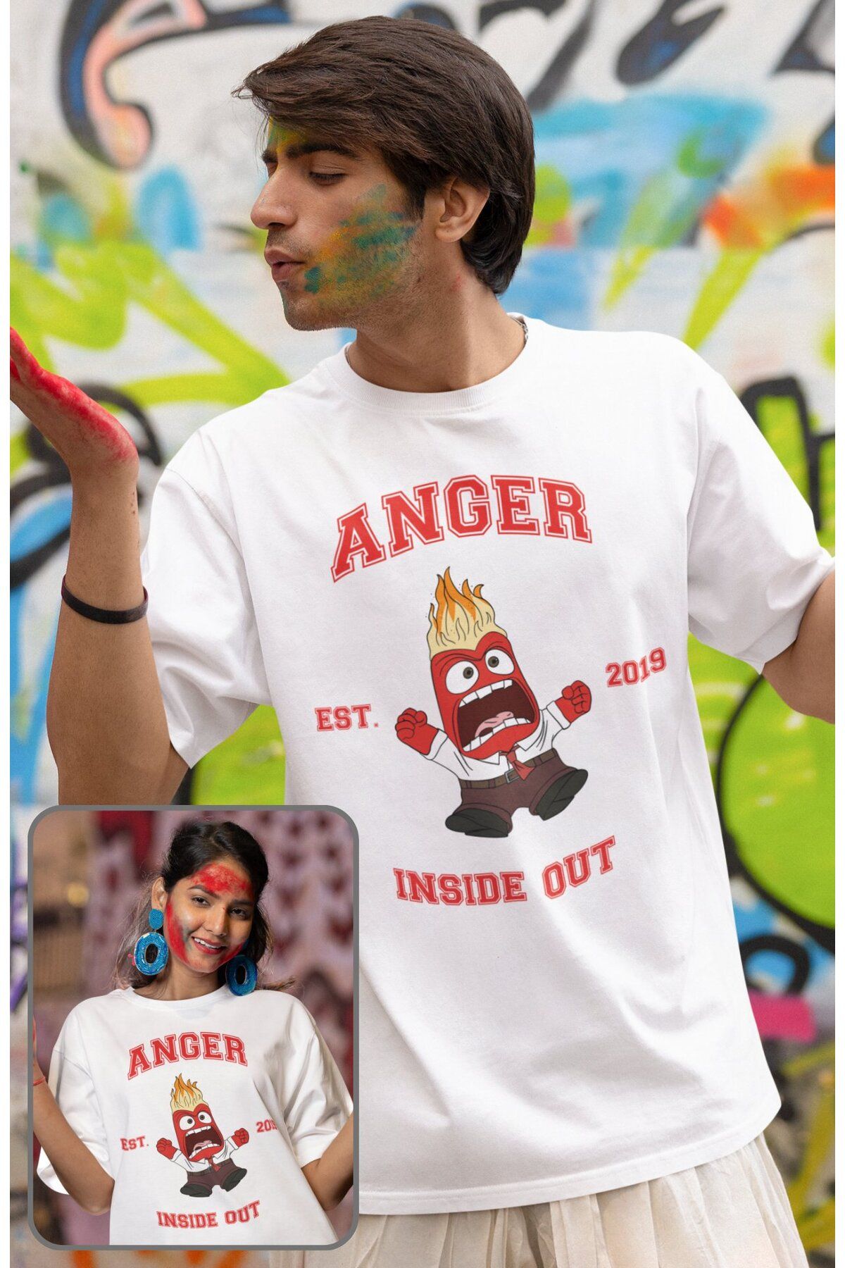 Fuddy Moda Unisex Insi.de Out Anger Baskılı T-shirt, Oversize Ters Yüz Animasyon Film Temalı Tişört