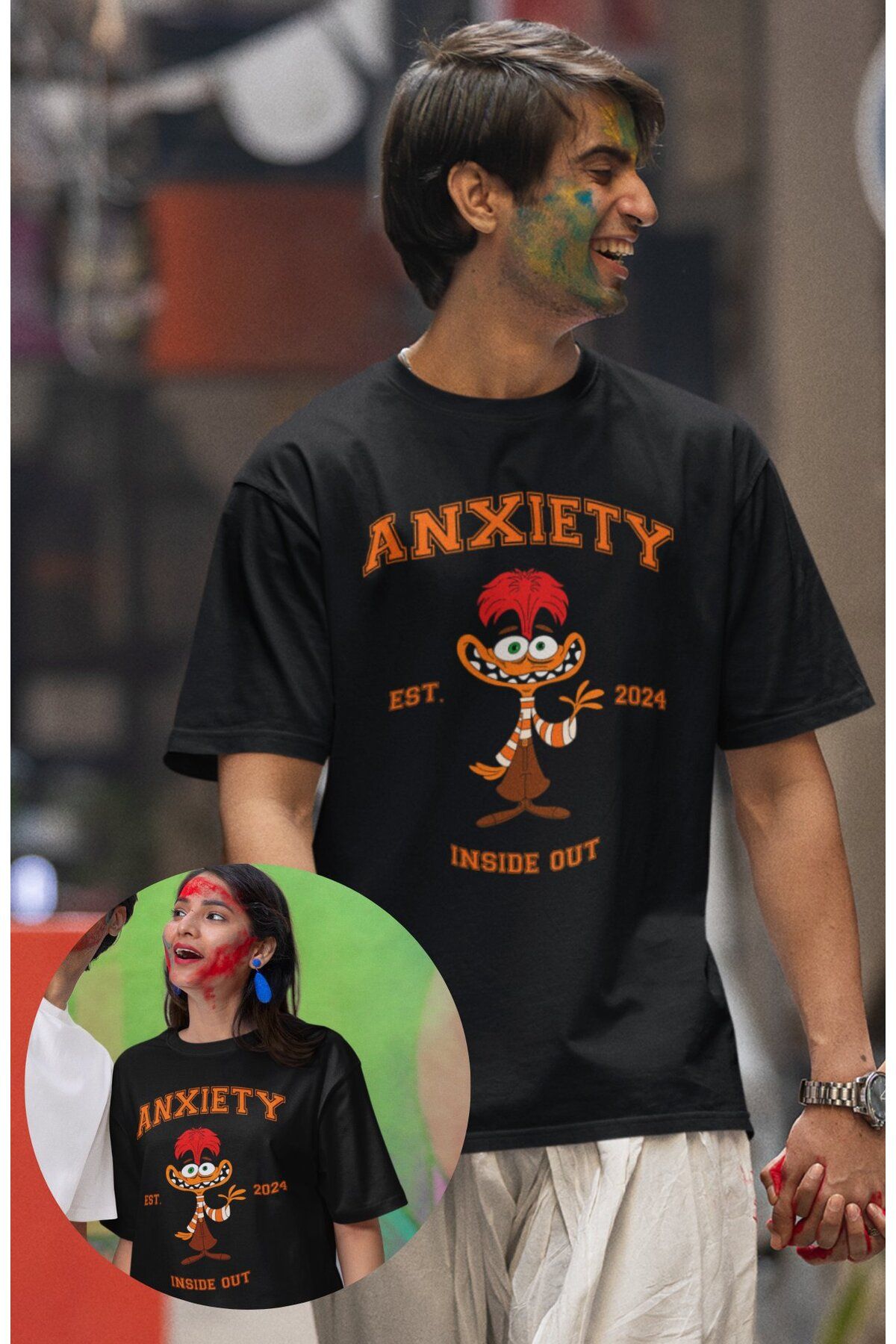 Fuddy Moda Unisex Insi.de Out Anxiety Baskılı T-shirt, Oversize Ters Yüz Animasyon Film Temalı Tişört