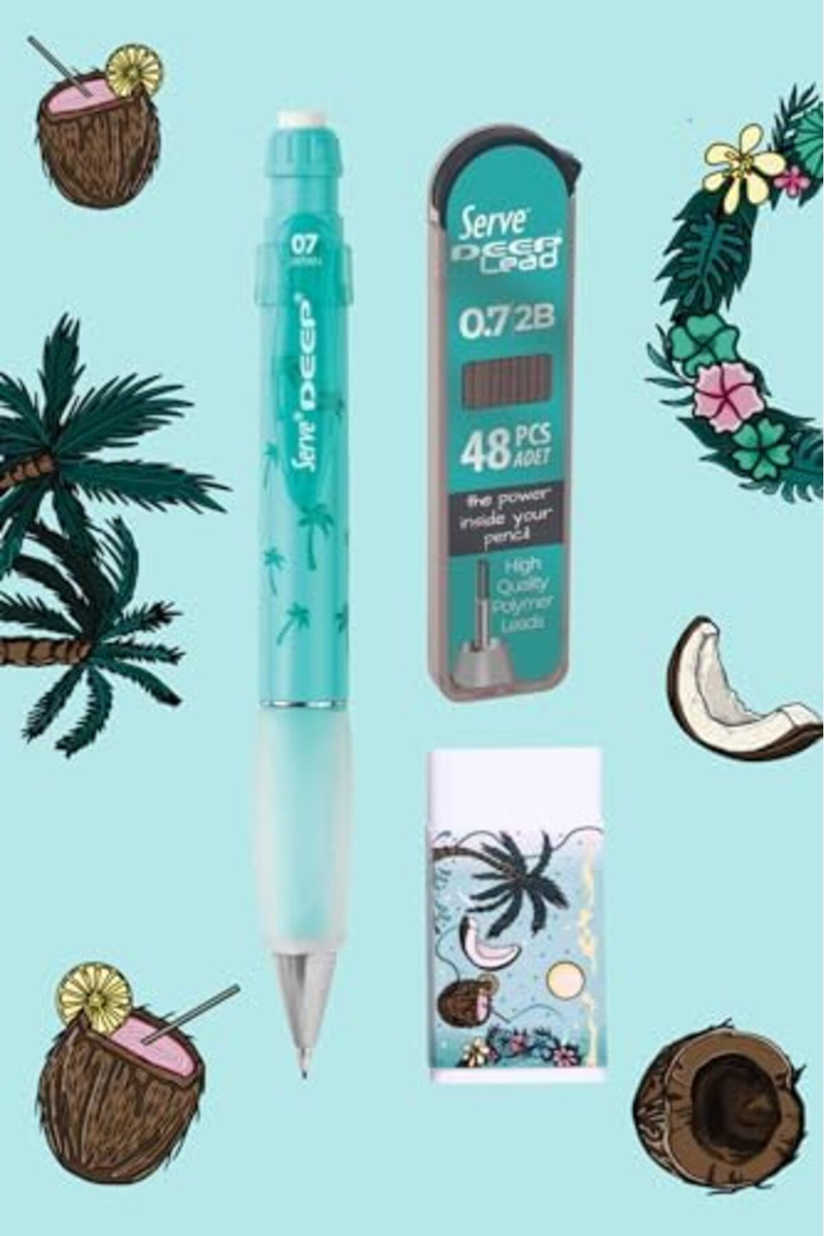 STOREMAX-Ysstorex Nature Pattern Deep Pencil with Deep Eraser and Deep Min, 0.7 Mm, Mint Green Starcolxlection 6551 3