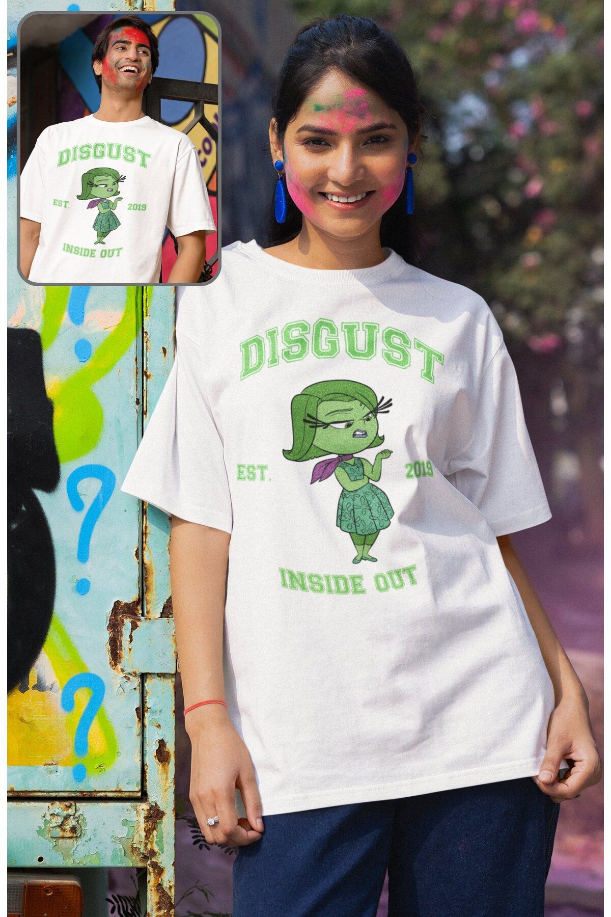 Fuddy Moda Unisex Insi.de Out Disgust Baskılı T-shirt, Oversize Ters Yüz Animasyon Film Temalı Tişört