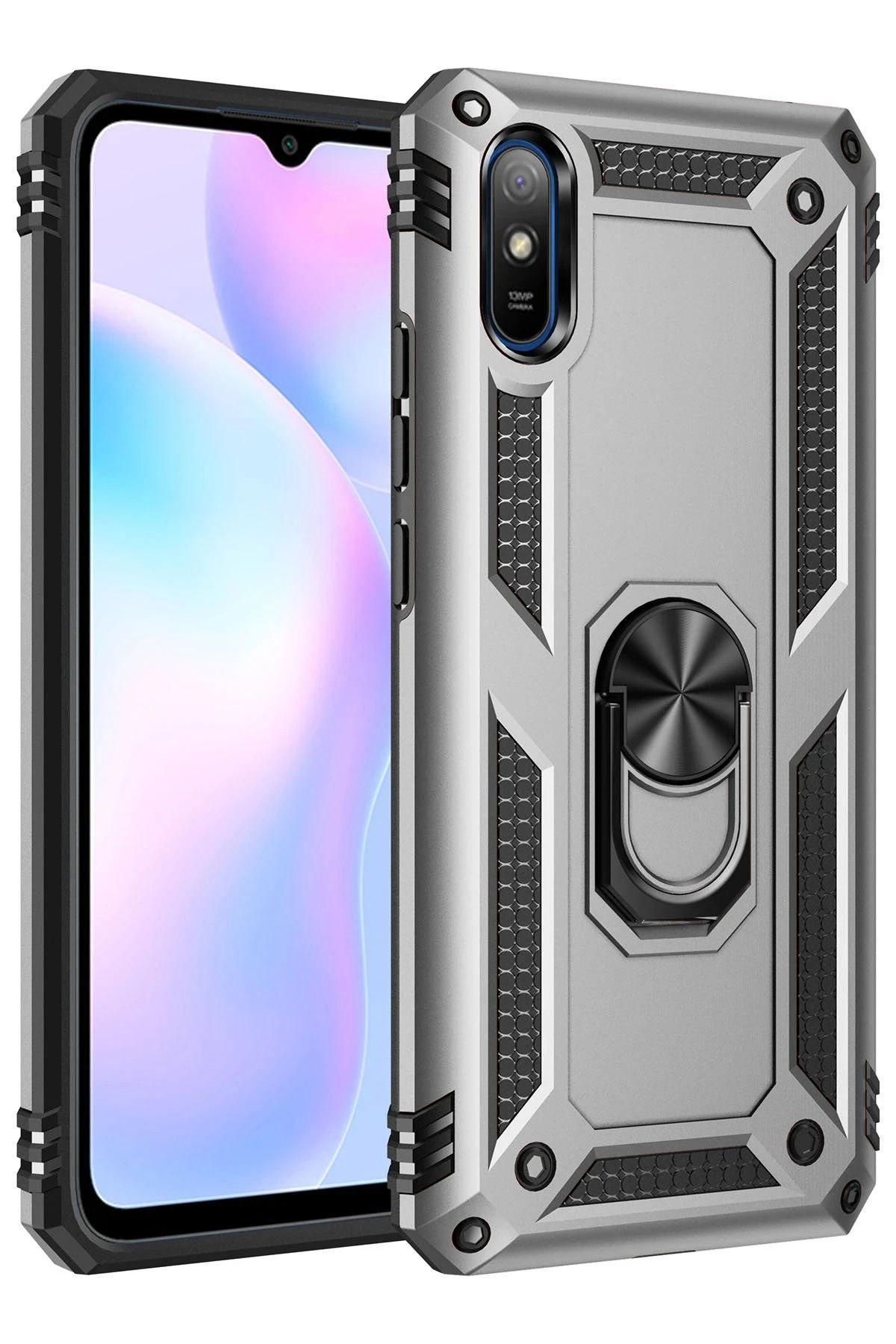 NewFace Xiaomi Redmi 9A Kılıf Sofya Yüzüklü Silikon Kapak - Gümüş BSTMY