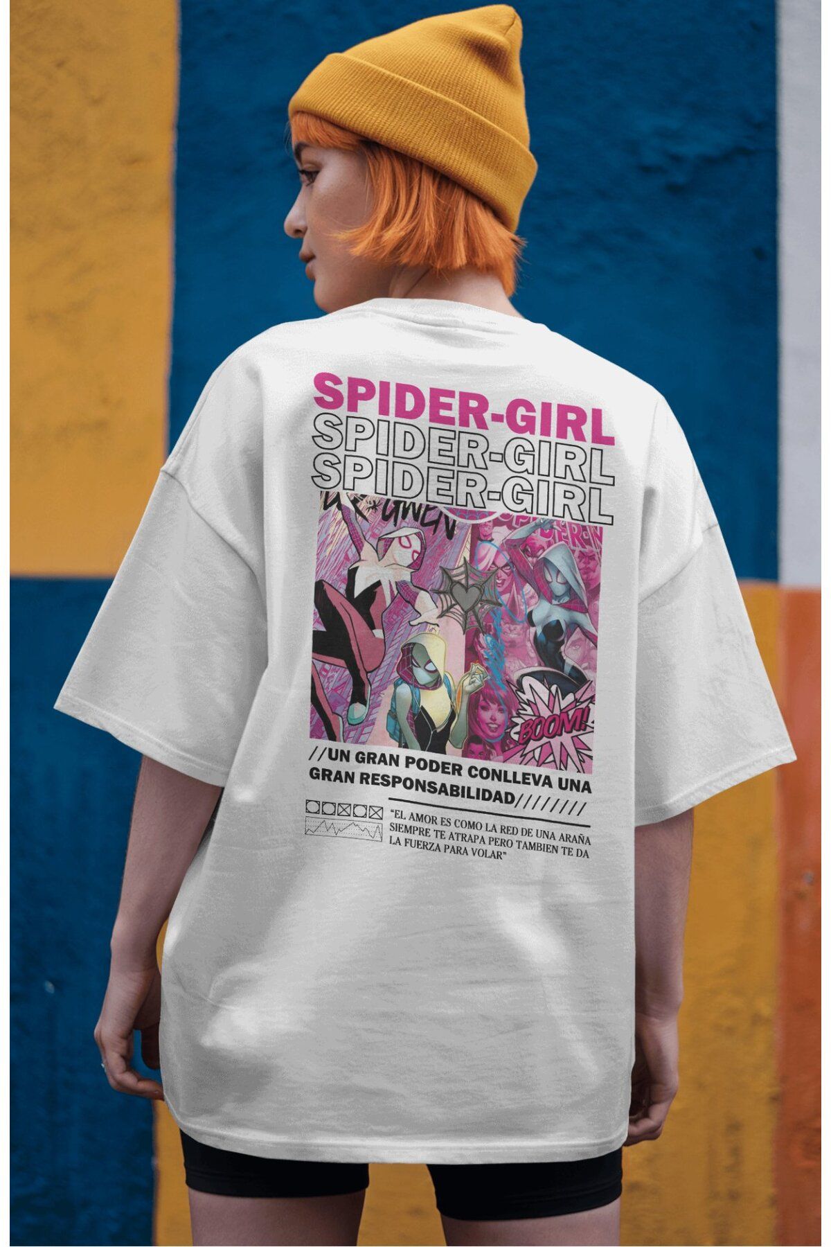 Fuddy Moda Spider Girl Sırt Baskılı Couple Tişört, Oversize Süper Kahraman Filmi Temalı Çift T-Shirt