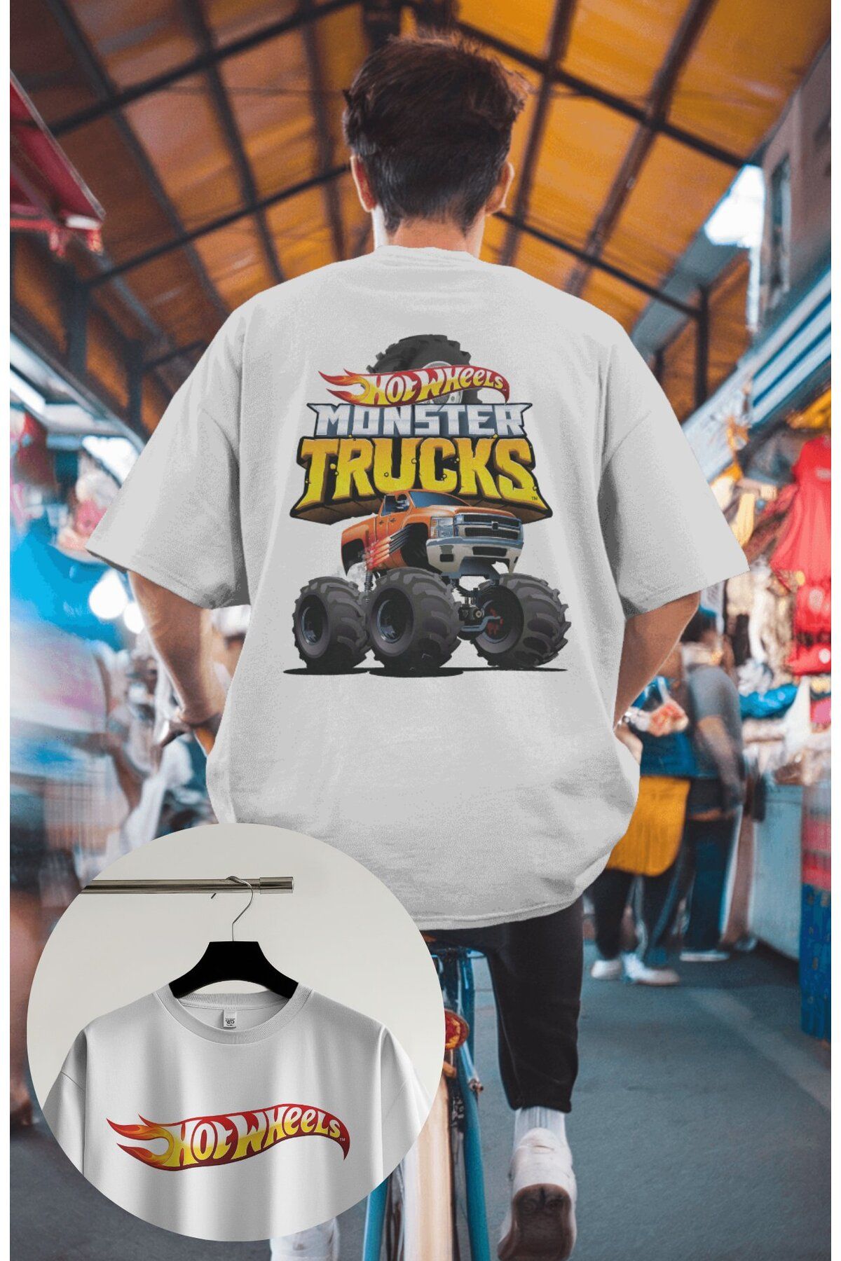 Fuddy Moda Unisex Monster Trucks Sırt Baskılı Tişört, Oversize Hot Wheelss Yazılı T-Shirt