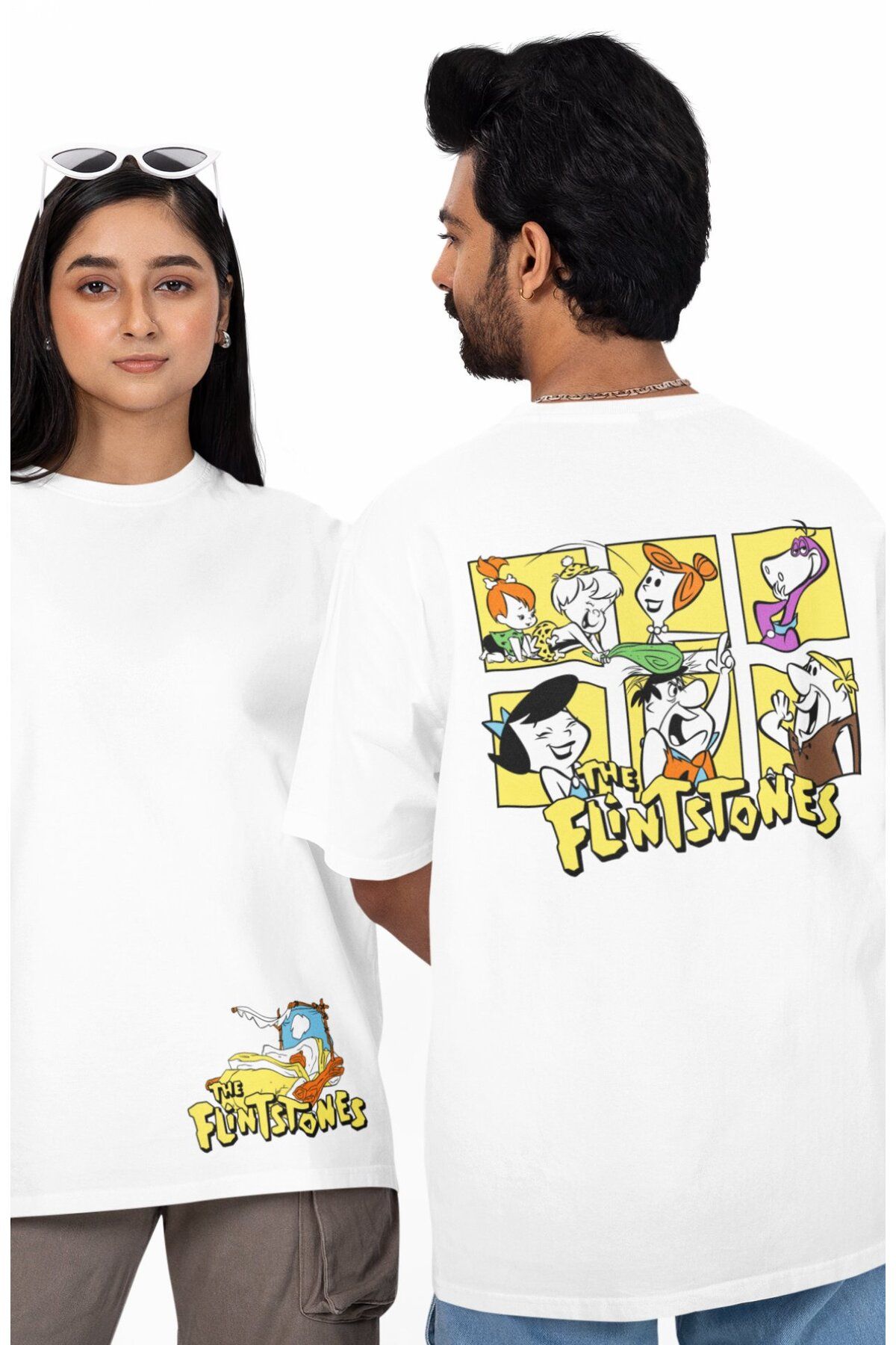 Fuddy Moda Unisex The Flintstones Sırt Baskılı Tişört, Oversize Çizgi Film Temalı T-Shirt