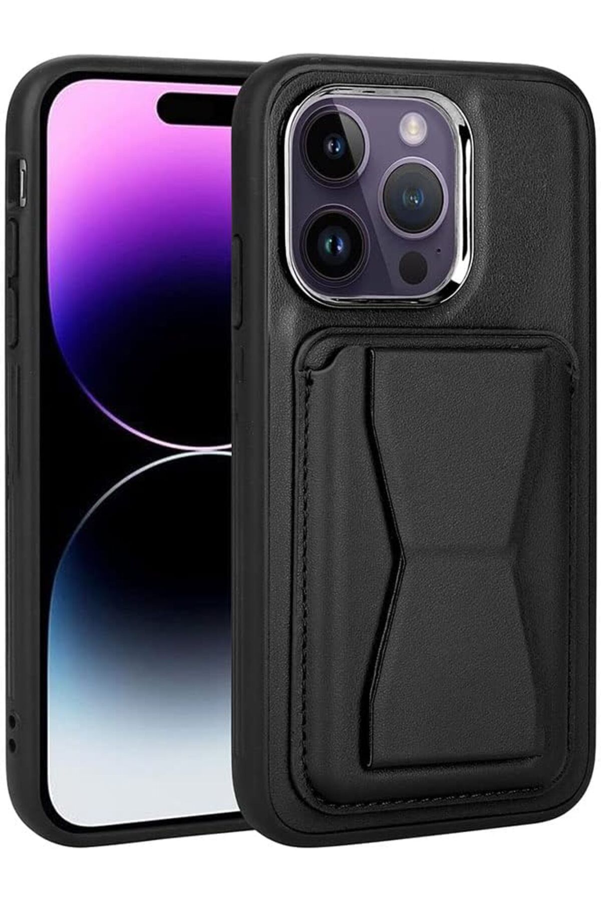 KDROĞLU KDROGLU İle Uyumlu iPhone 14 Pro Max Kılıf Kartlıklı Standlı Pu Deri Memo Kapak Siyah New D