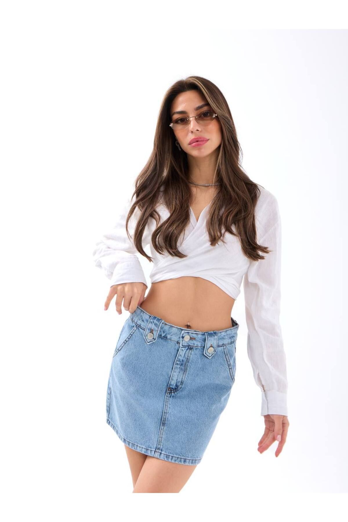 Castivo Fashion Yüksek Bel Düğme Detaylı Mini Kot Etek