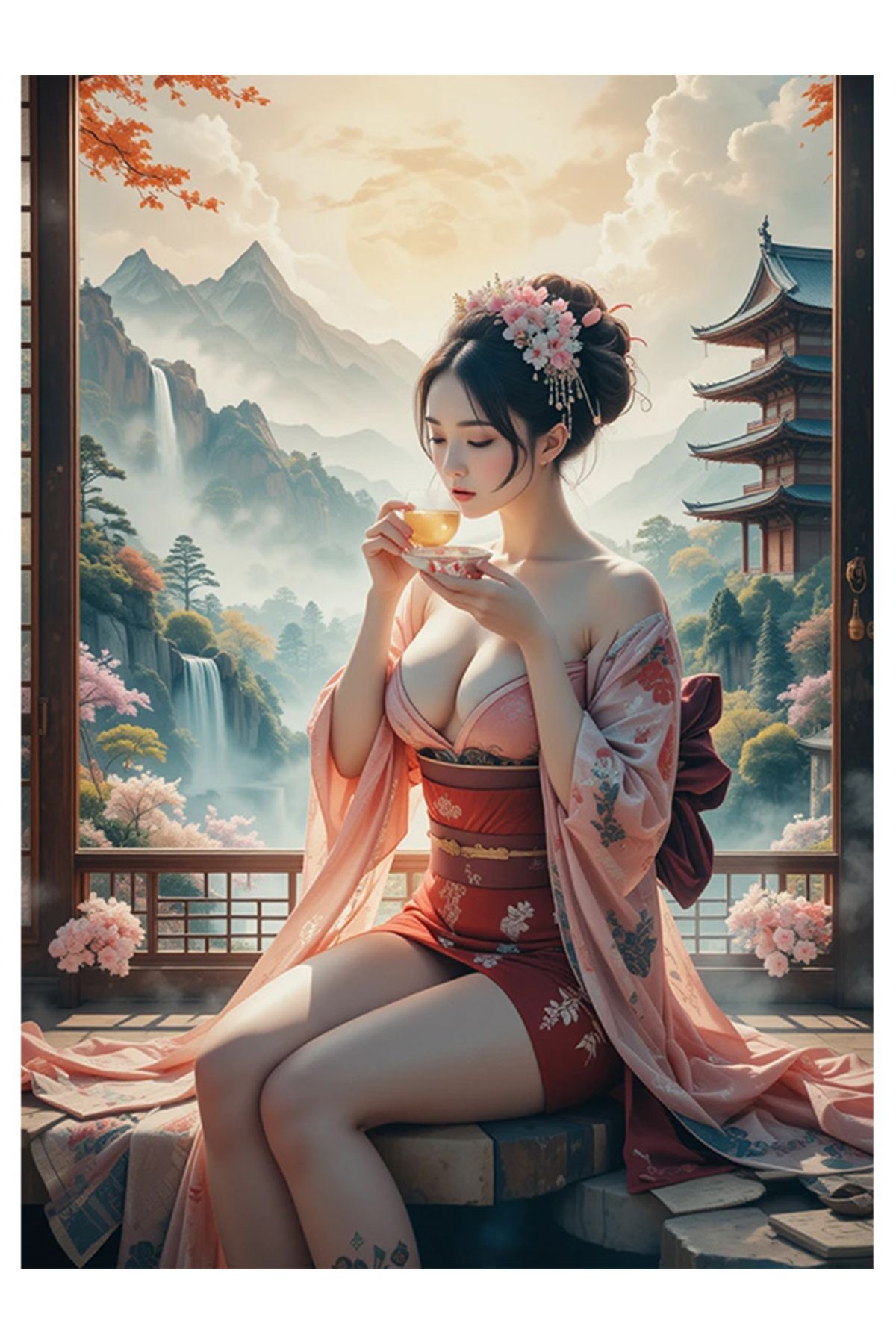 Bedeko Çay içen Japon Güzel Mdf Tablo