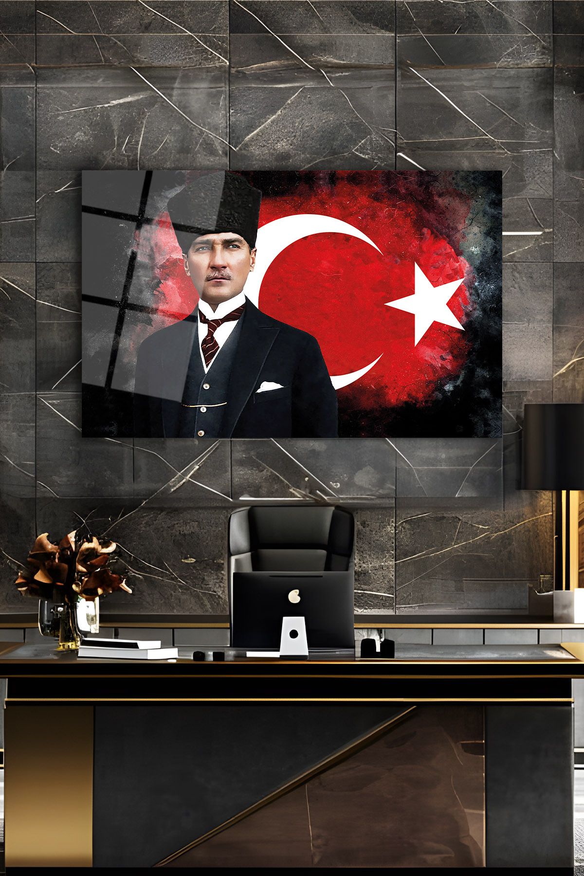 home dekors Atatürk Portresi ve Türk Bayrağı Yatay Cam Tablo İş Ofis Makam Odası Hediyelik Tablo
