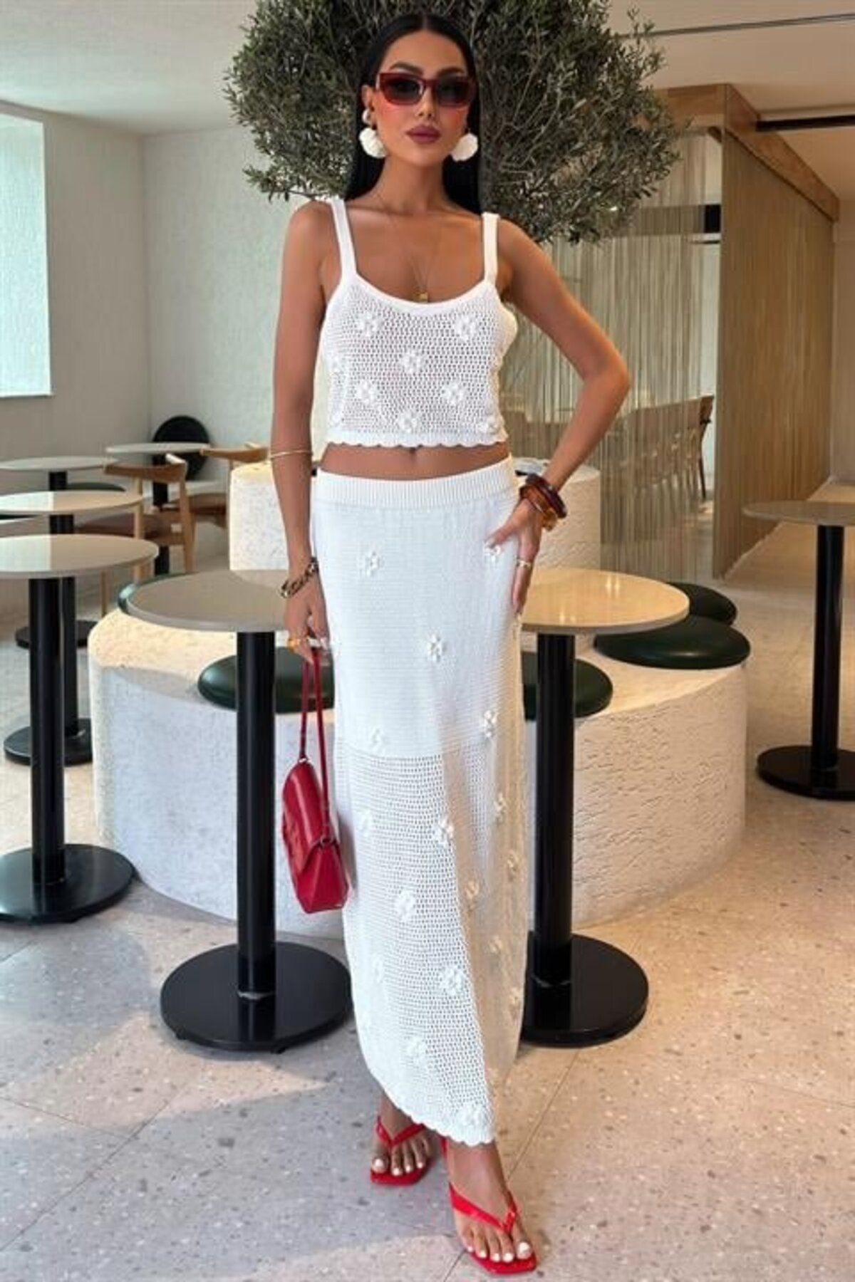 ARUZ MODA İnci Ve Çiçek Detaylı Büstiyerli Triko Takım 10100