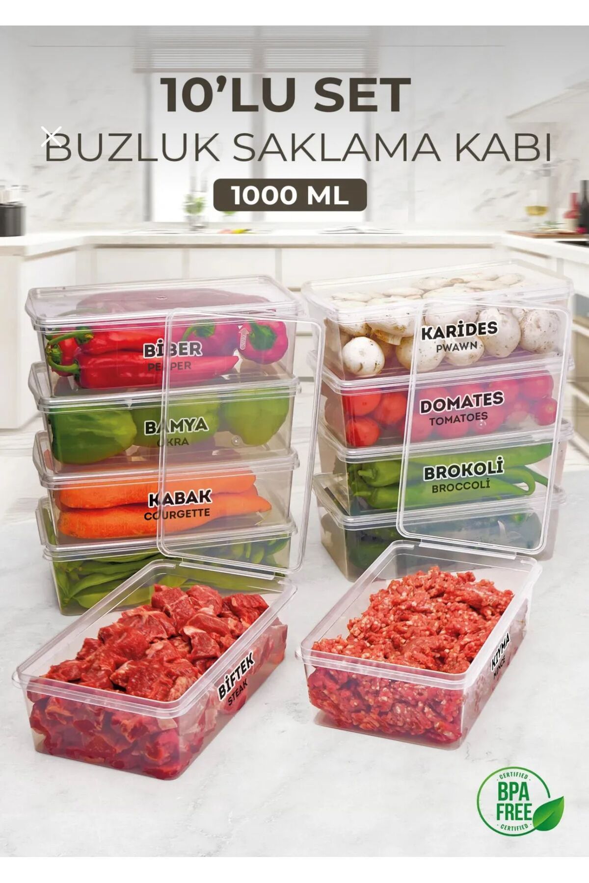 AbaTech 10 Adet 1000ml Kapakli Derin Dondurucu Difriz Saklama Kabı - Buzdolabi Düzenleyici