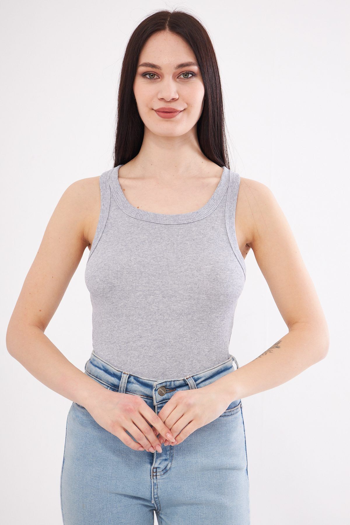 Shop58 Kadın Gri Fitilli Kaşkorse Halter Yaka Atlet