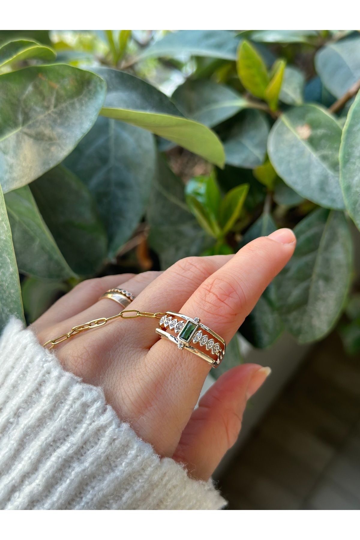 shop Yeşil taşlı Gold Dikdörtgen Tasarım Yüzük