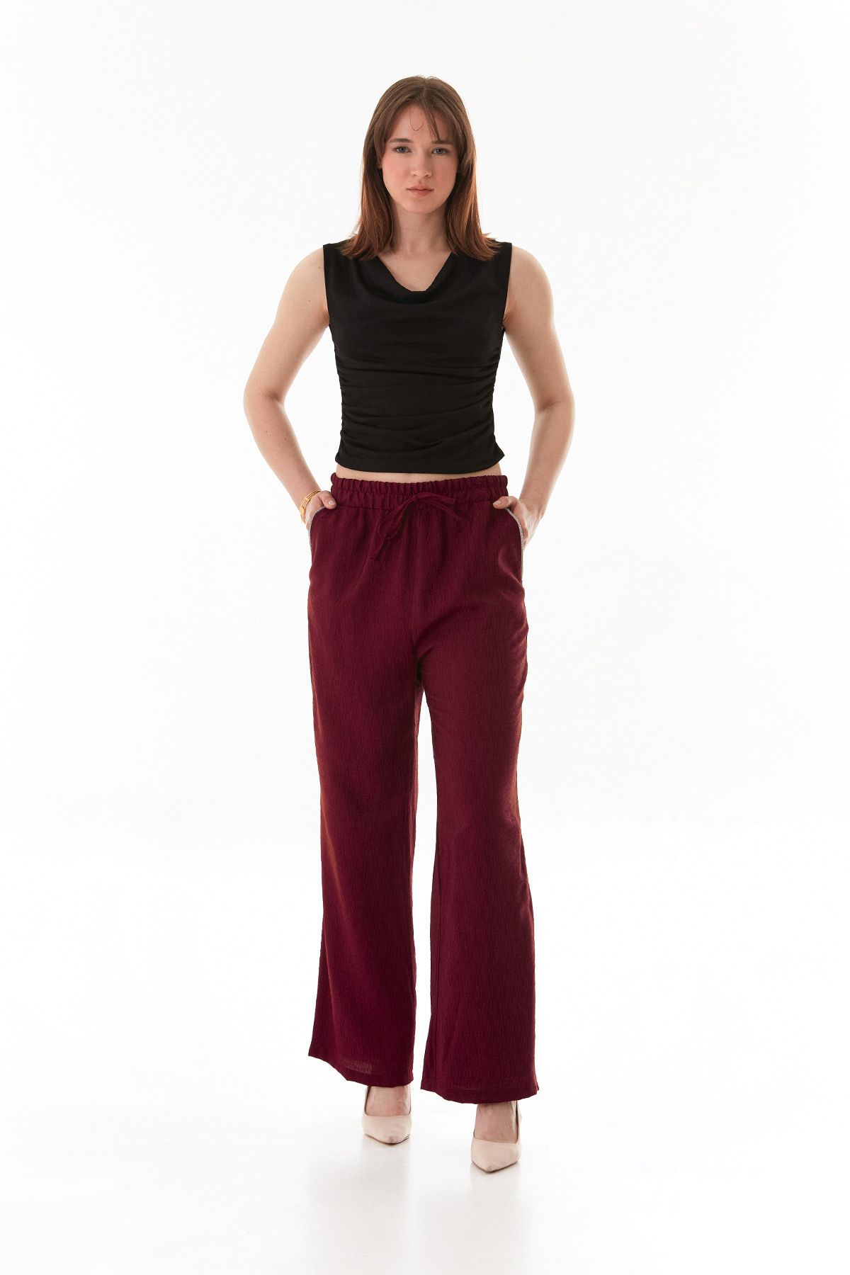 Fulla Moda-Palazzo Trousers with Pocket Stone Detail and Elastic Waist 3