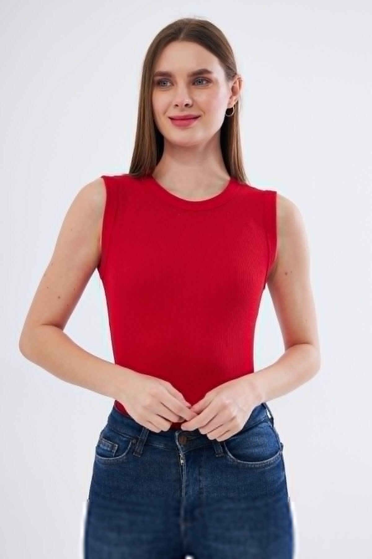 Shop58 Kadın Kırmızı Fitlilli Likralı Pamuklu Bisiklet Yaka Kolsuz Tshirt Atlet