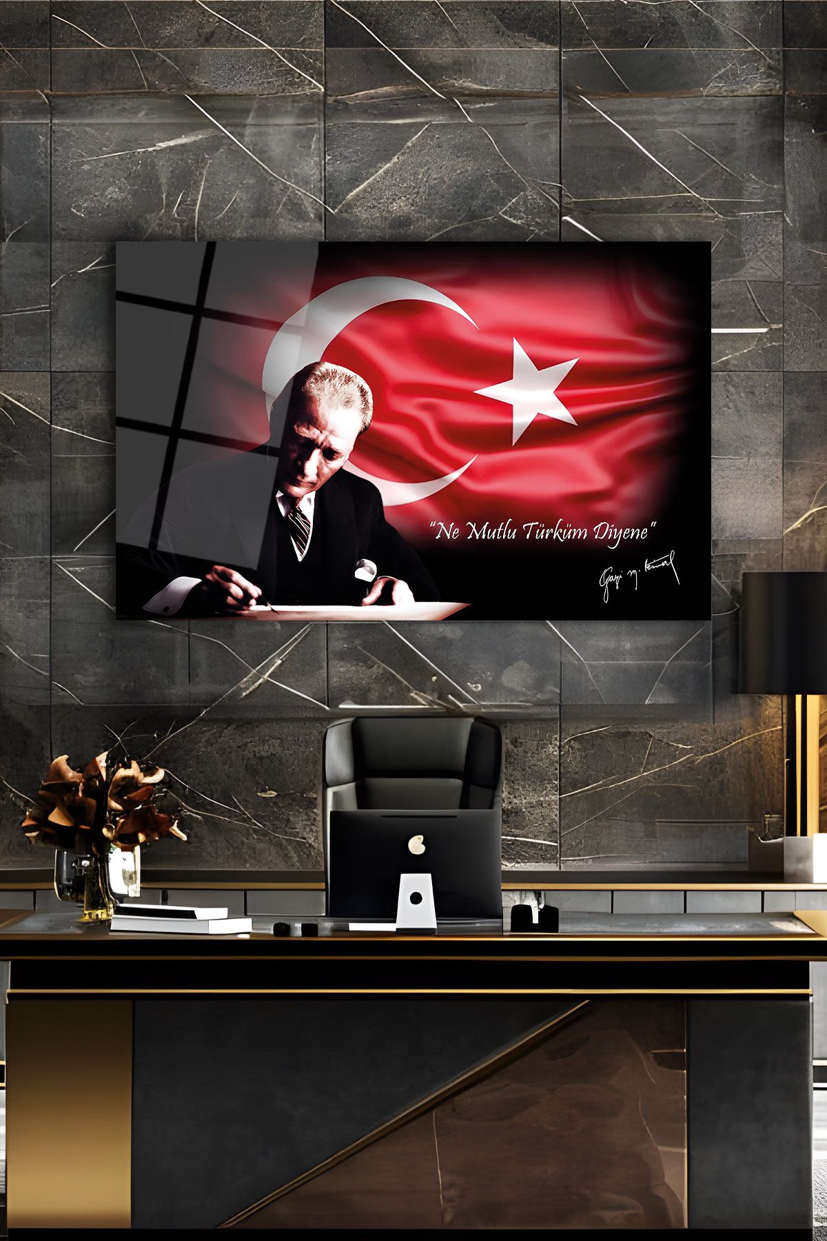 home dekors Atatürk Portresi ve Türk Bayrağı Ne Mutlu Türküm Diyene Cam Tablo İş Ofis Makam Odası Hediyelik
