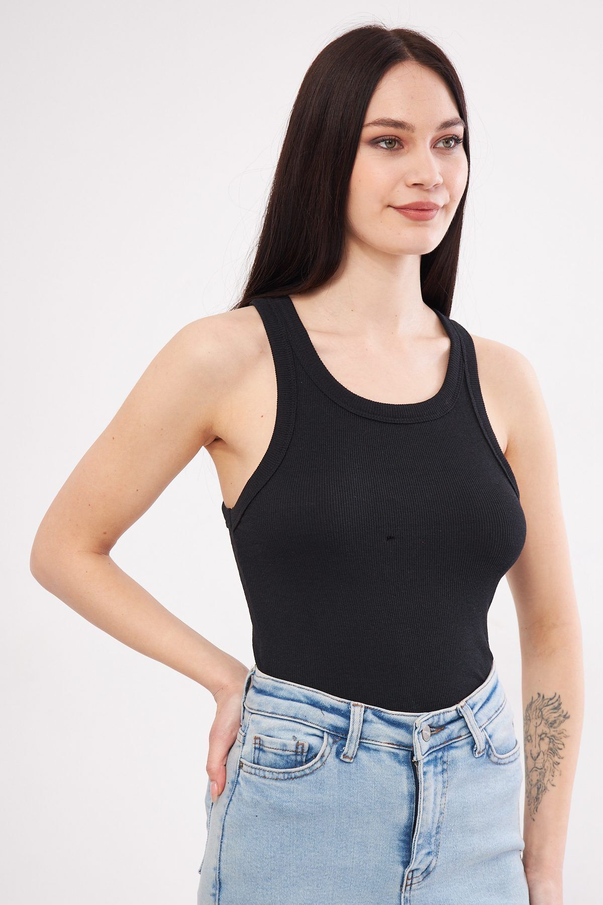 Shop58 Siyah Kadın Fitilli Kaşkorse Halter yaka Atlet