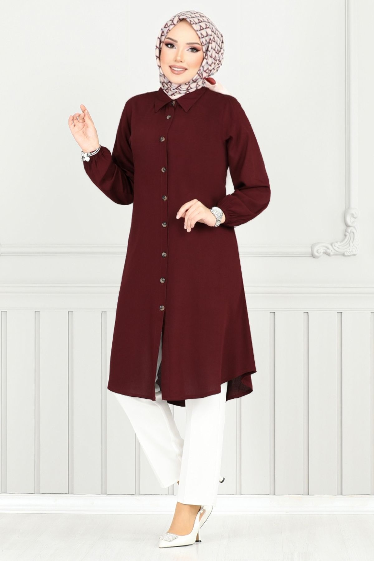 ModaMerve Önden Düğmeli Tunik 0171BGS895-M Bordo