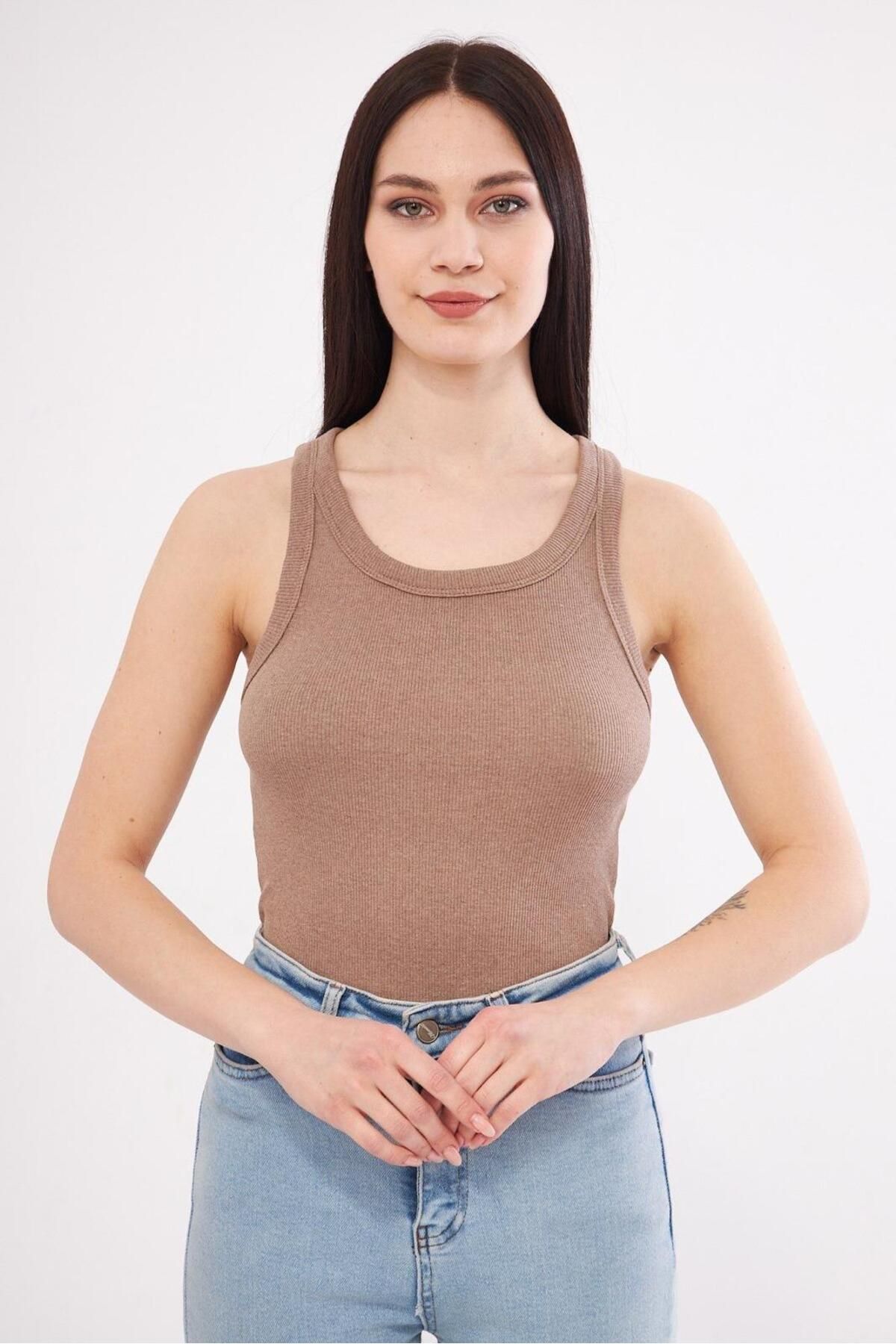 Shop58 Kadın Vizyon Likralı Kolsuz Bisiklet Yaka T-shirt Örme Atlet