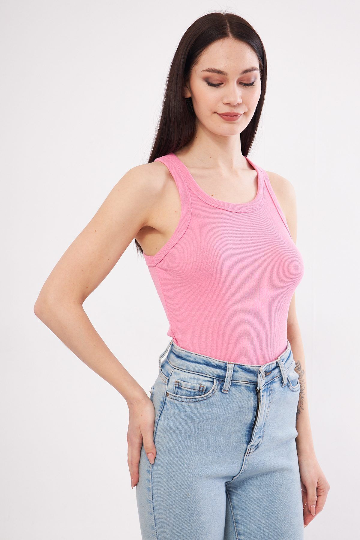 Shop58 Pembe Kadın Fitilli Kaşkorse Halter yaka Atlet
