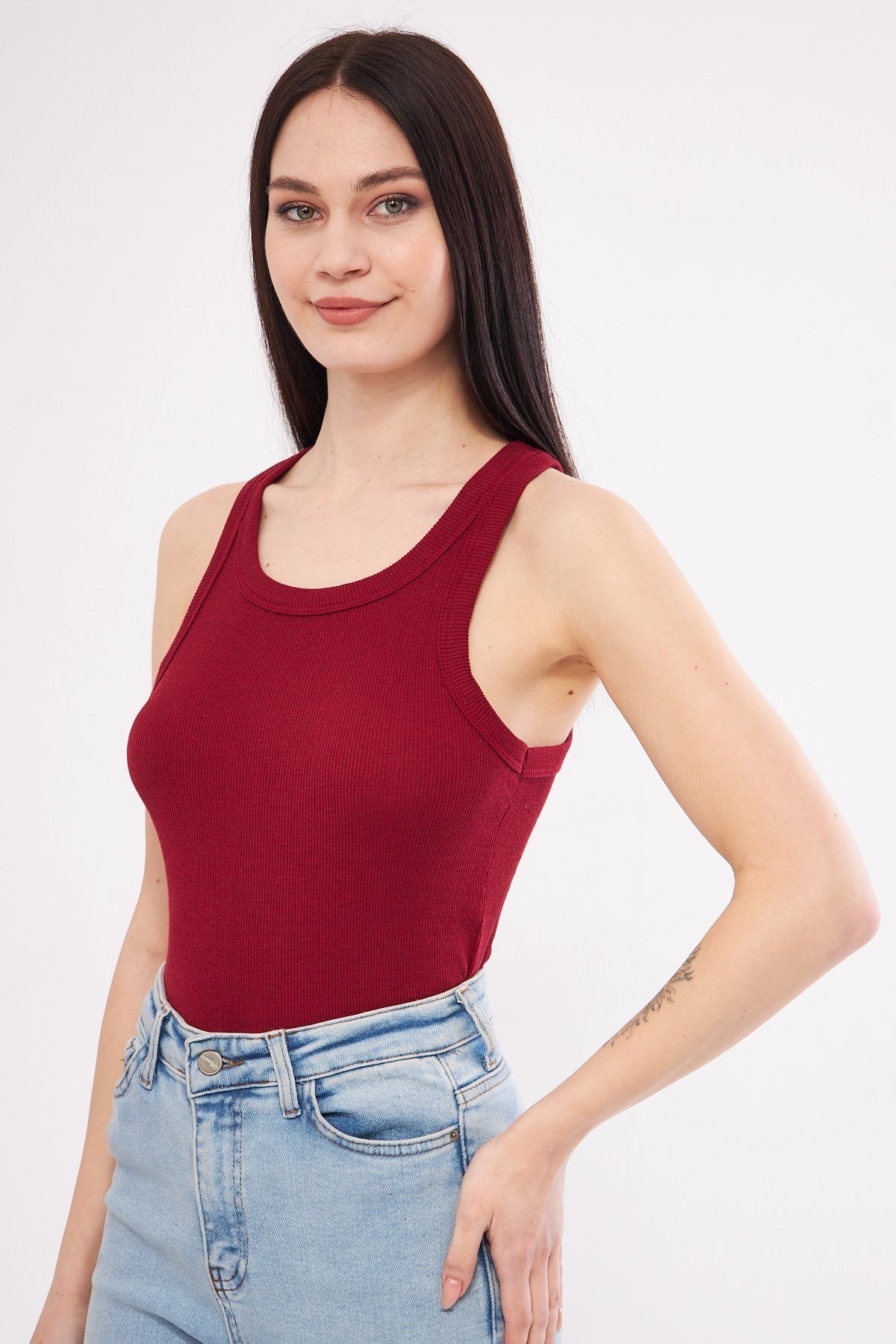 Shop58 Kadın Bordo Fitilli Kaşkorse Halter yaka Atlet