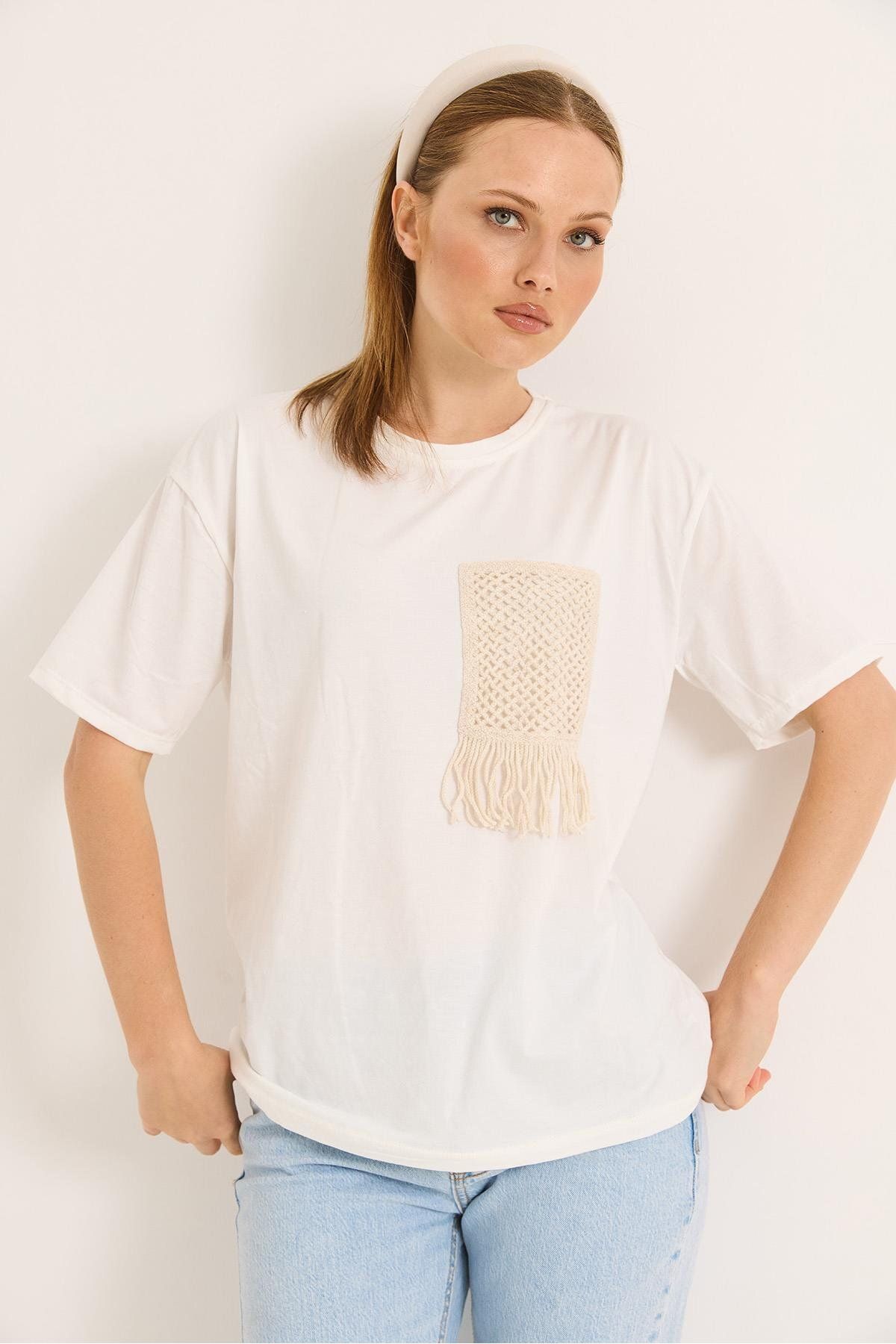 Raneel Kazançlı Alışveriş Hasır Cepli Yumuşak Dokulu Fit Tshirt Krem