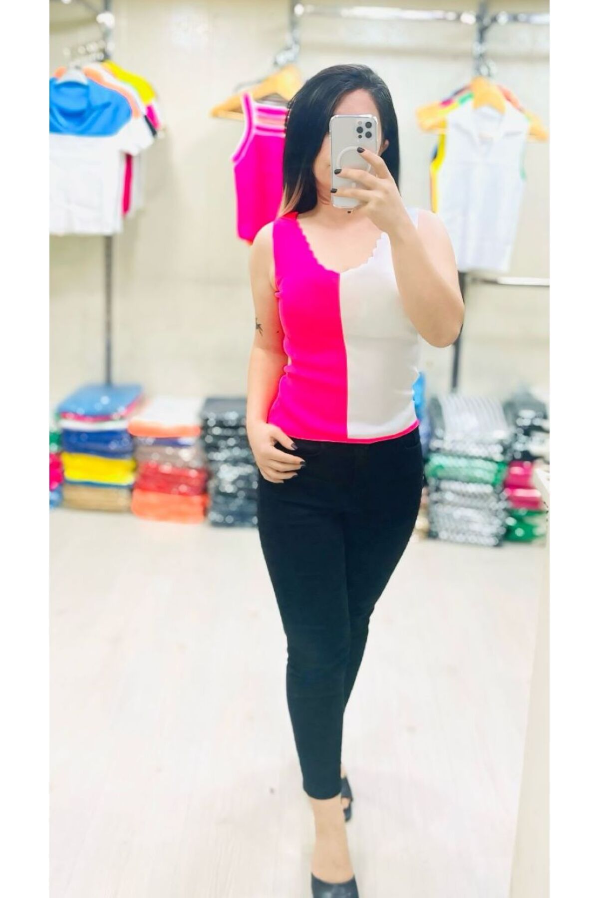 Butik Zeyoo Collection Kadın Kalın Askılı İki Renkli V Yaka Crop