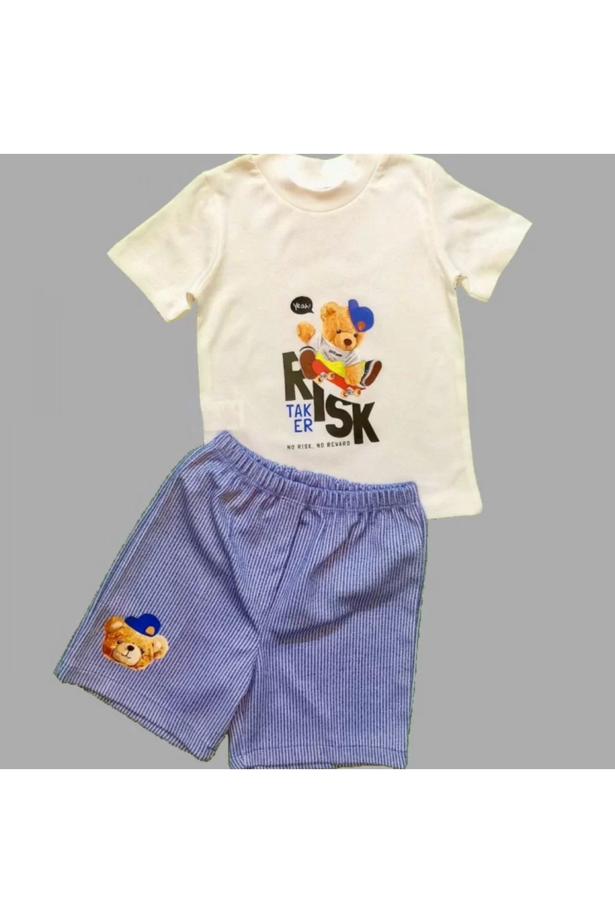 Shop58 Kaykaycı Ayı Baskılı Şortlu Kısa Kollu Tişört 2li Erkek Bebek Takımı İndigo