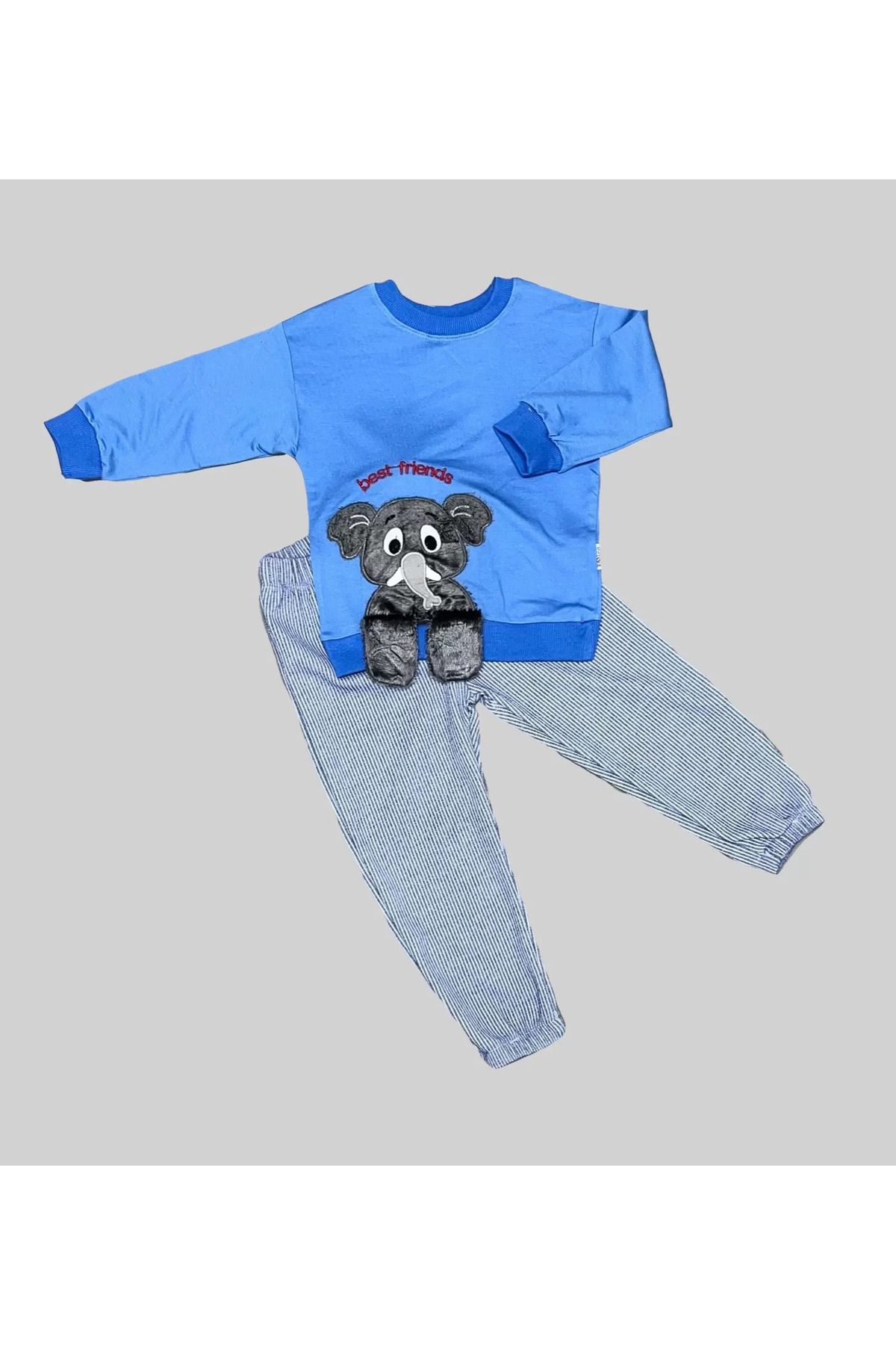 Shop58 Filli Sallanan Ayak Desenli Likra Penye Kumaş Sweat Pantolonlu Kız Erkek 2li Çocuk Takımı İndigo