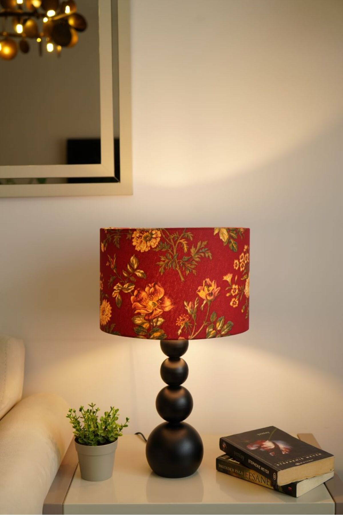 retro home design Siyah Ayaklı Silindir Kırmızı Çiçek Kumaşlı Masa Lambası Abajur Salon Yatak Odası